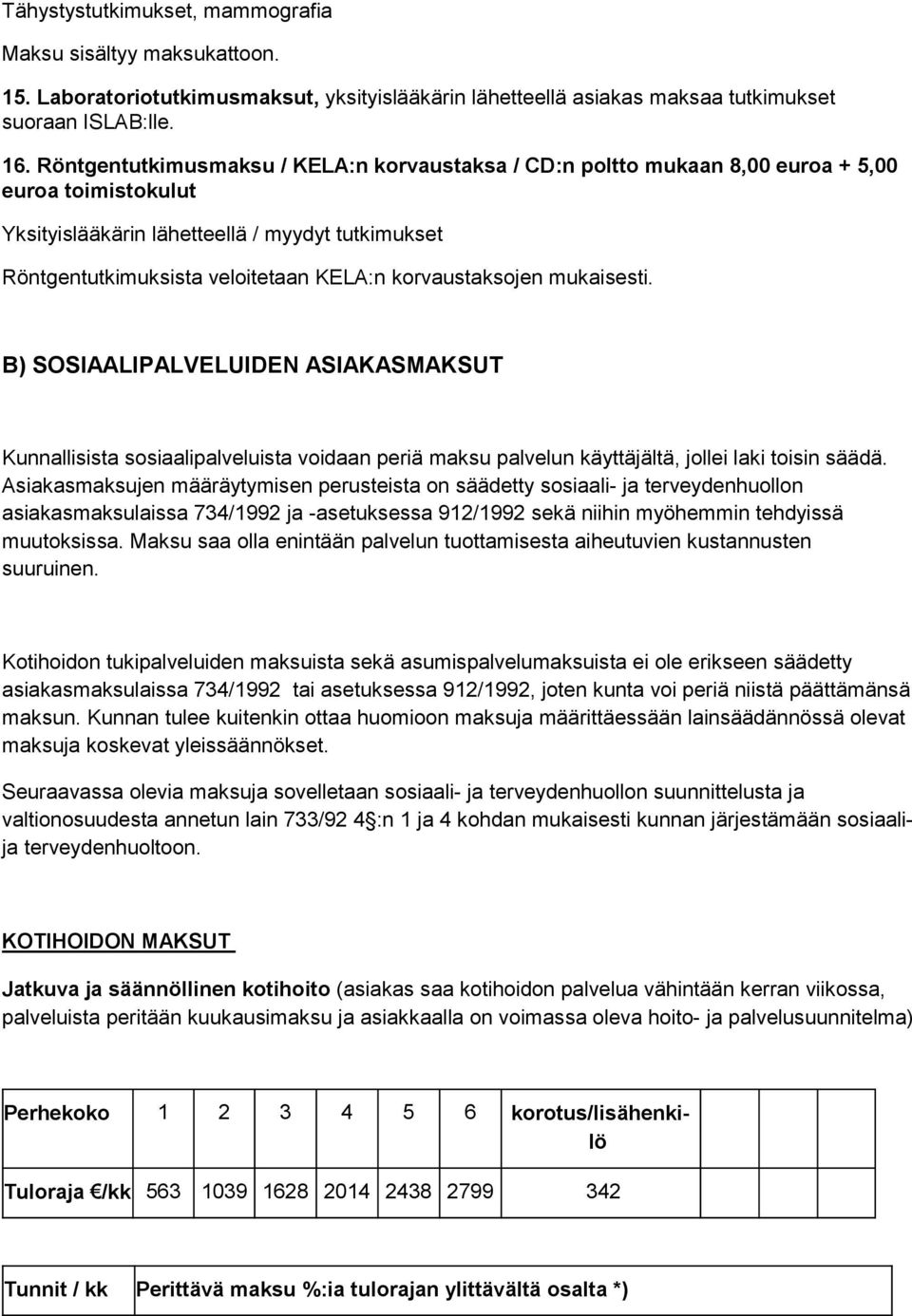 korvaustaksojen mukaisesti. B) SOSIAALIPALVELUIDEN ASIAKASMAKSUT Kunnallisista sosiaalipalveluista voidaan periä maksu palvelun käyttäjältä, jollei laki toisin säädä.