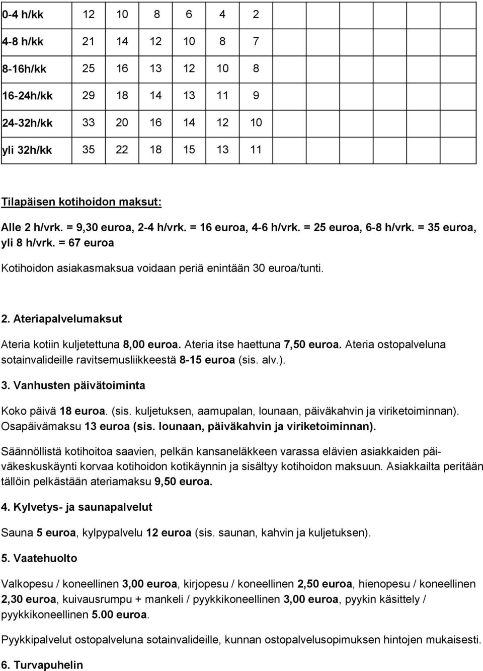 Ateria itse haettuna 7,50 euroa. Ateria ostopalveluna sotainvalideille ravitsemusliikkeestä 8-15 euroa (sis. alv.). 3. Vanhusten päivätoiminta Koko päivä 18 euroa. (sis. kuljetuksen, aamupalan, lounaan, päiväkahvin ja viriketoimin nan).