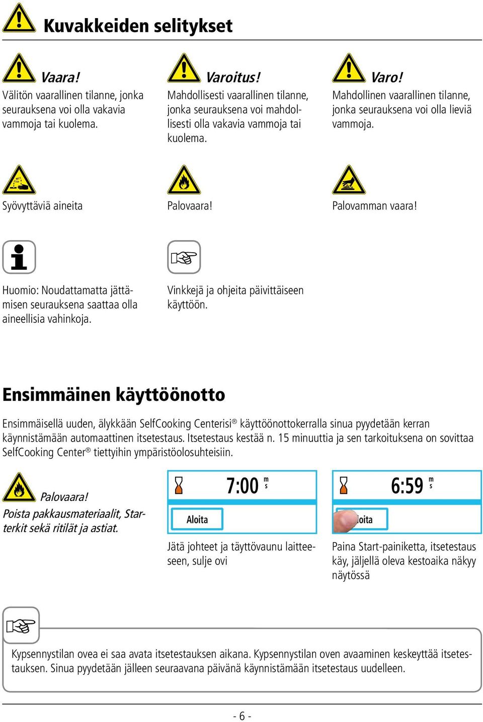 Syövyttäviä aineita Palovaara! Palovamman vaara! Huomio: Noudattamatta jättämisen seurauksena saattaa olla aineellisia vahinkoja. Vinkkejä ja ohjeita päivittäiseen käyttöön.