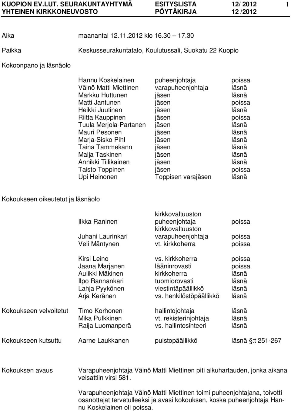 Matti Jantunen jäsen poissa Heikki Juutinen jäsen läsnä Riitta Kauppinen jäsen poissa Tuula Merjola-Partanen jäsen läsnä Mauri Pesonen jäsen läsnä Marja-Sisko Pihl jäsen läsnä Taina Tammekann jäsen