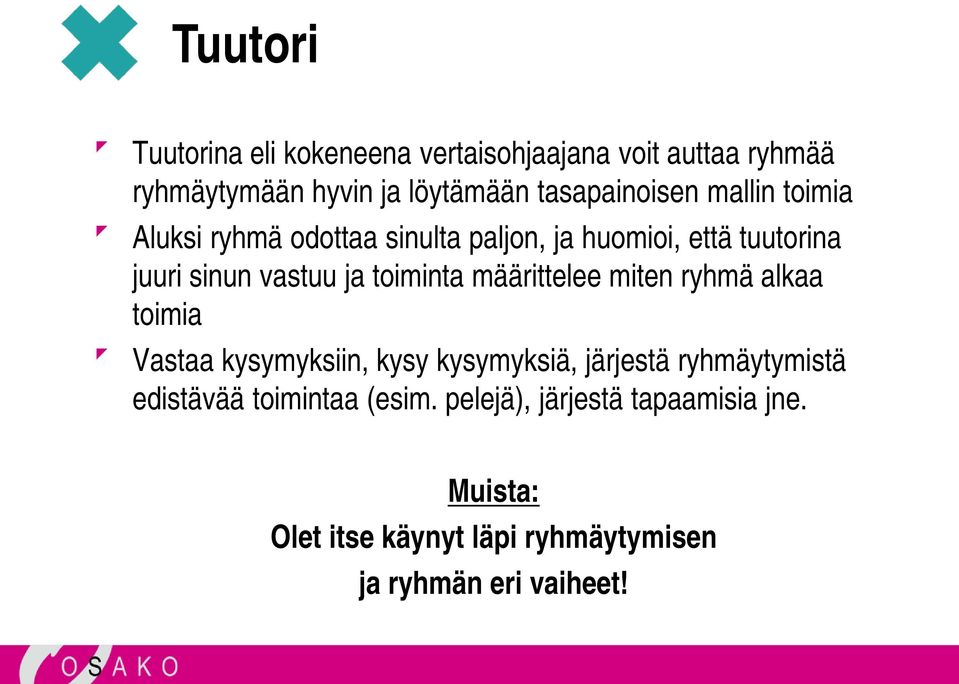 ja toiminta määrittelee miten ryhmä alkaa toimia Vastaa kysymyksiin, kysy kysymyksiä, järjestä ryhmäytymistä