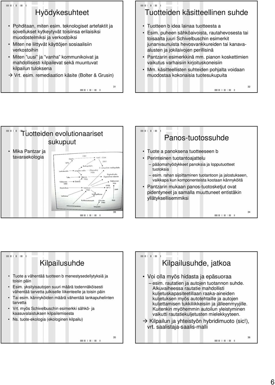 mahdollisesti kilpailevat sekä muuntuvat kilpailun tuloksena Vrt. esim. remediaation käsite (Bolter & Grusin) Tuotteiden käsitteellinen suhde Tuotteen b idea lainaa tuotteesta a Esim.