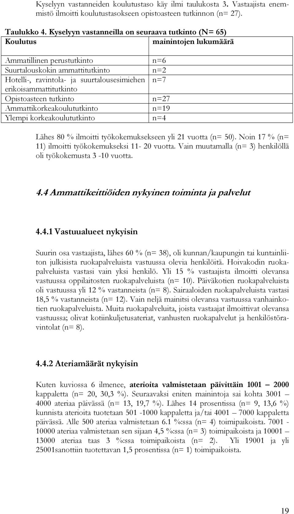 erikoisammattitutkinto Opistoasteen tutkinto n=27 Ammattikorkeakoulututkinto n=19 Ylempi korkeakoulututkinto n=4 Lähes 80 ilmoitti työkokemuksekseen yli 21 vuotta (n= 50).