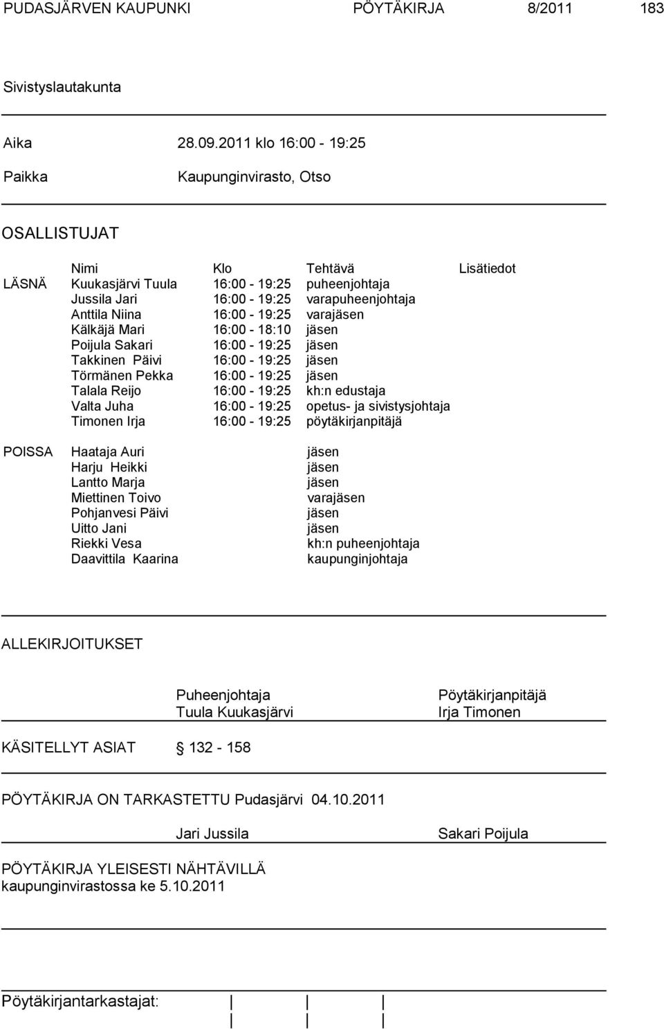 16:00-19:25 varajäsen Kälkäjä Mari 16:00-18:10 jäsen Poijula Sakari 16:00-19:25 jäsen Takkinen Päivi 16:00-19:25 jäsen Törmänen Pekka 16:00-19:25 jäsen Talala Reijo 16:00-19:25 kh:n edustaja Valta