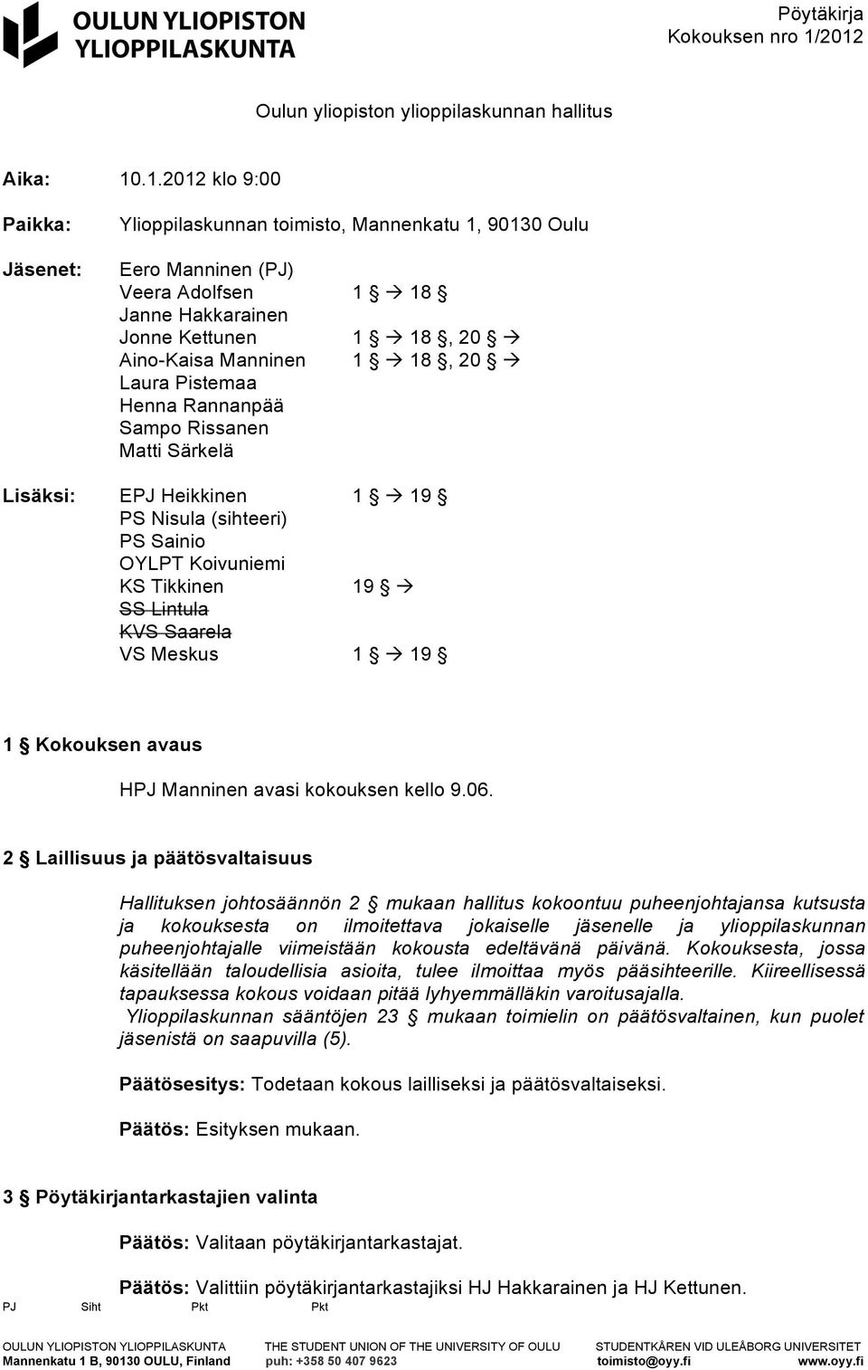 18, 20 à Laura Pistemaa Henna Rannanpää Sampo Rissanen Matti Särkelä Lisäksi: EPJ Heikkinen 1 à 19 PS Nisula (sihteeri) PS Sainio OYLPT Koivuniemi KS Tikkinen 19 à SS Lintula KVS Saarela VS Meskus 1