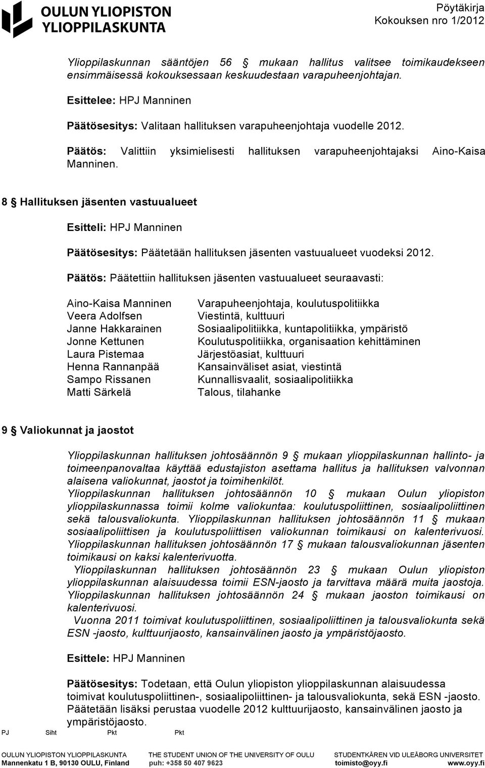 8 Hallituksen jäsenten vastuualueet Esitteli: HPJ Manninen Päätösesitys: Päätetään hallituksen jäsenten vastuualueet vuodeksi 2012.