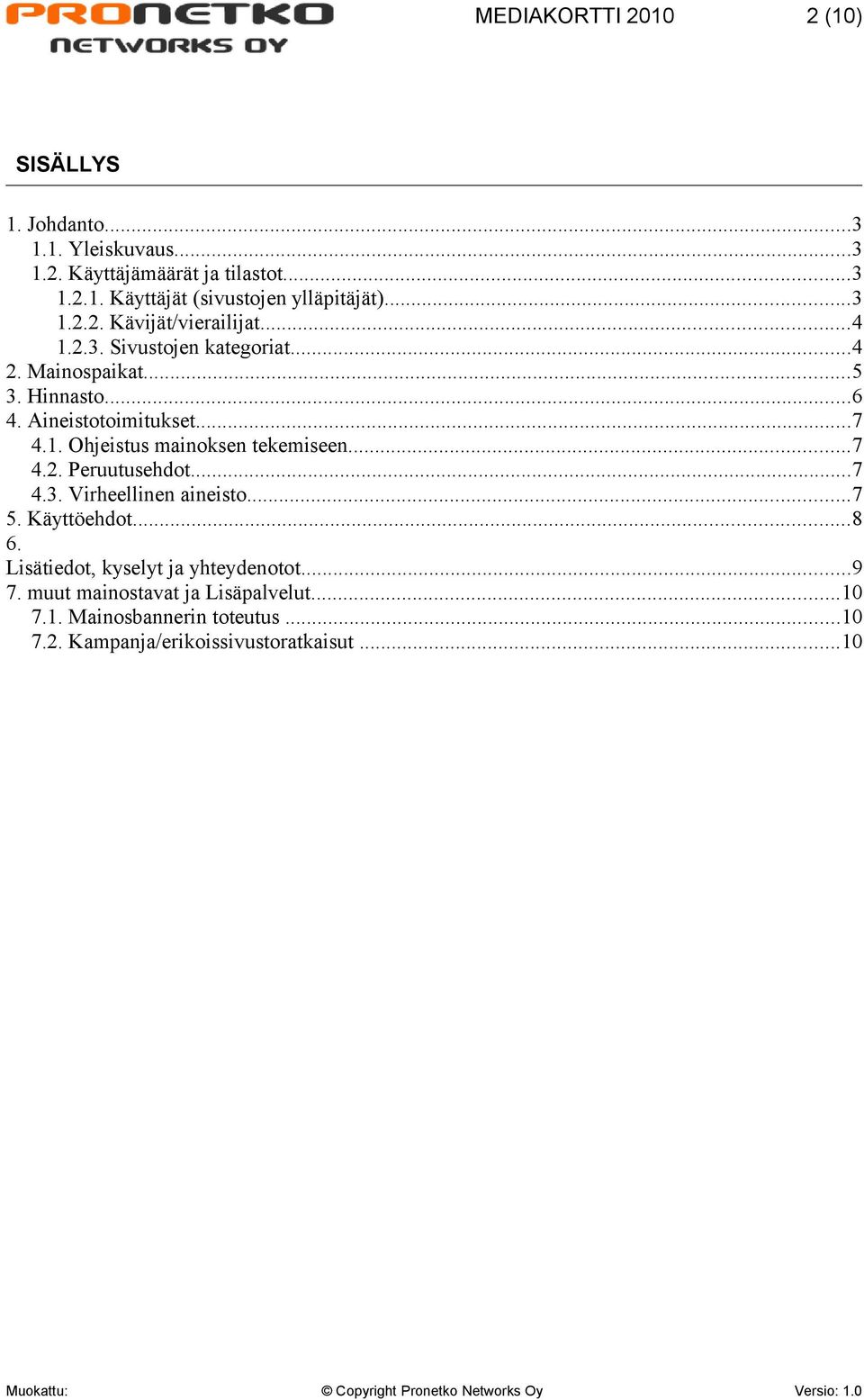 ..7 4.3. Virheellinen aineisto...7 5. Käyttöehdot...8 6. Lisätiedot, kyselyt ja yhteydenotot...9 7. muut mainostavat ja Lisäpalvelut...10