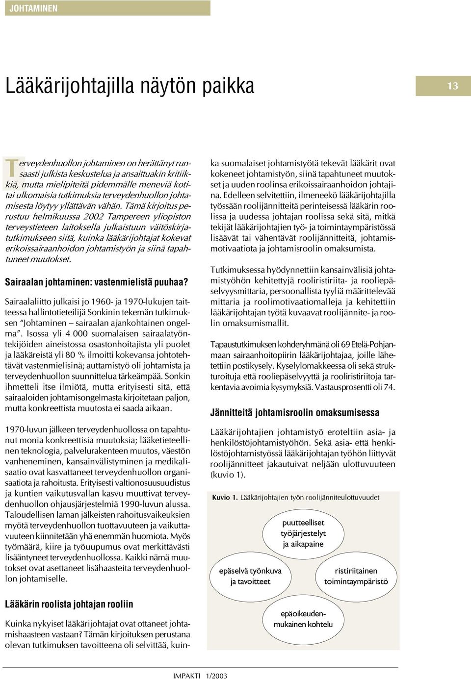 Tämä kirjoitus perustuu helmikuussa 2002 Tamperee yliopisto terveystietee laitoksella julkaistuu väitöskirjatutkimuksee siitä, kuika lääkärijohtajat kokevat erikoissairaahoido johtamistyö ja siiä