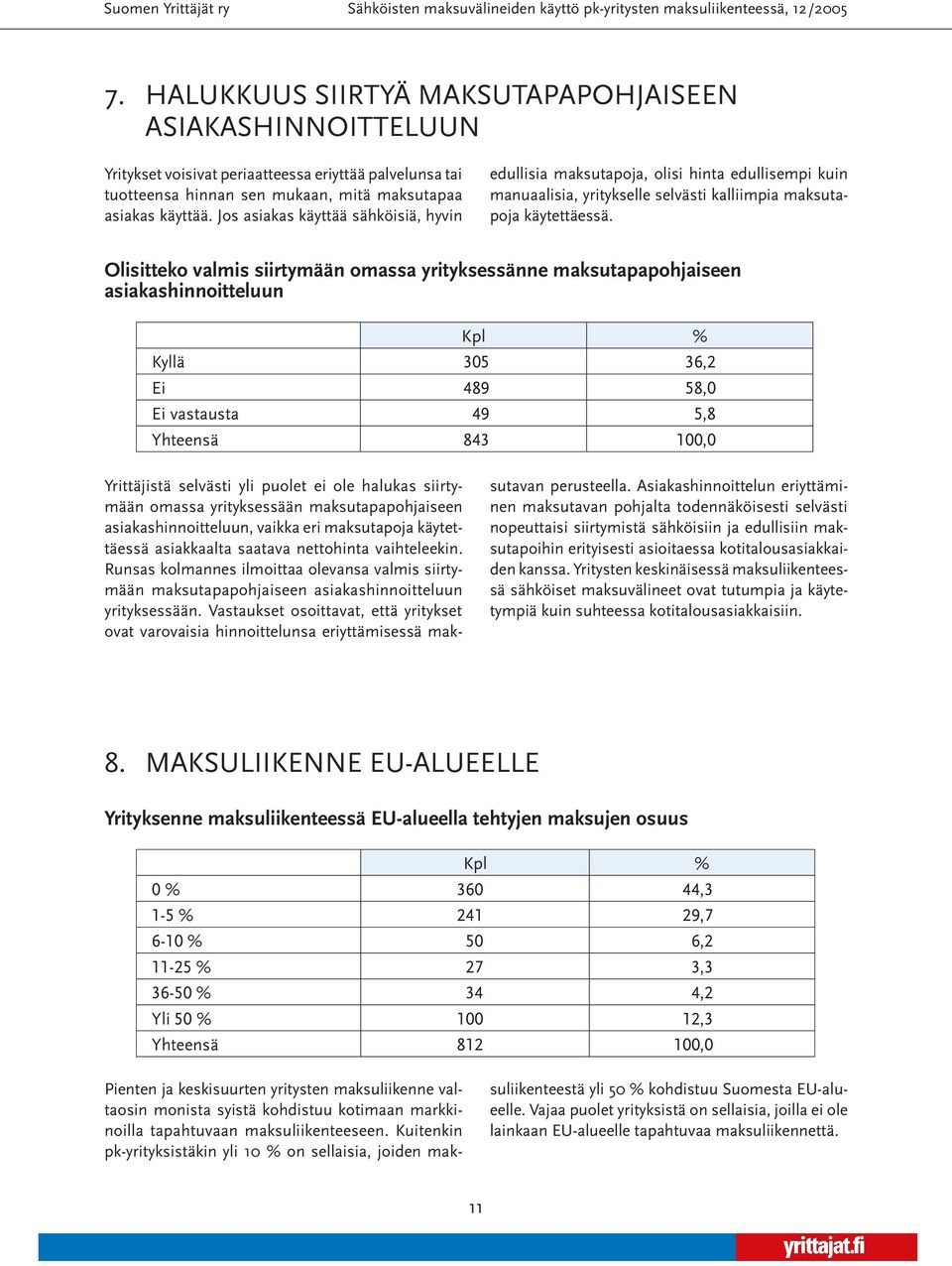 Olisitteko valmis siirtymään omassa yrityksessänne maksutapapohjaiseen asiakashinnoitteluun Kyllä 305 36,2 Ei 489 58,0 Ei vastausta 49 5,8 Yrittäjistä selvästi yli puolet ei ole halukas siirtymään