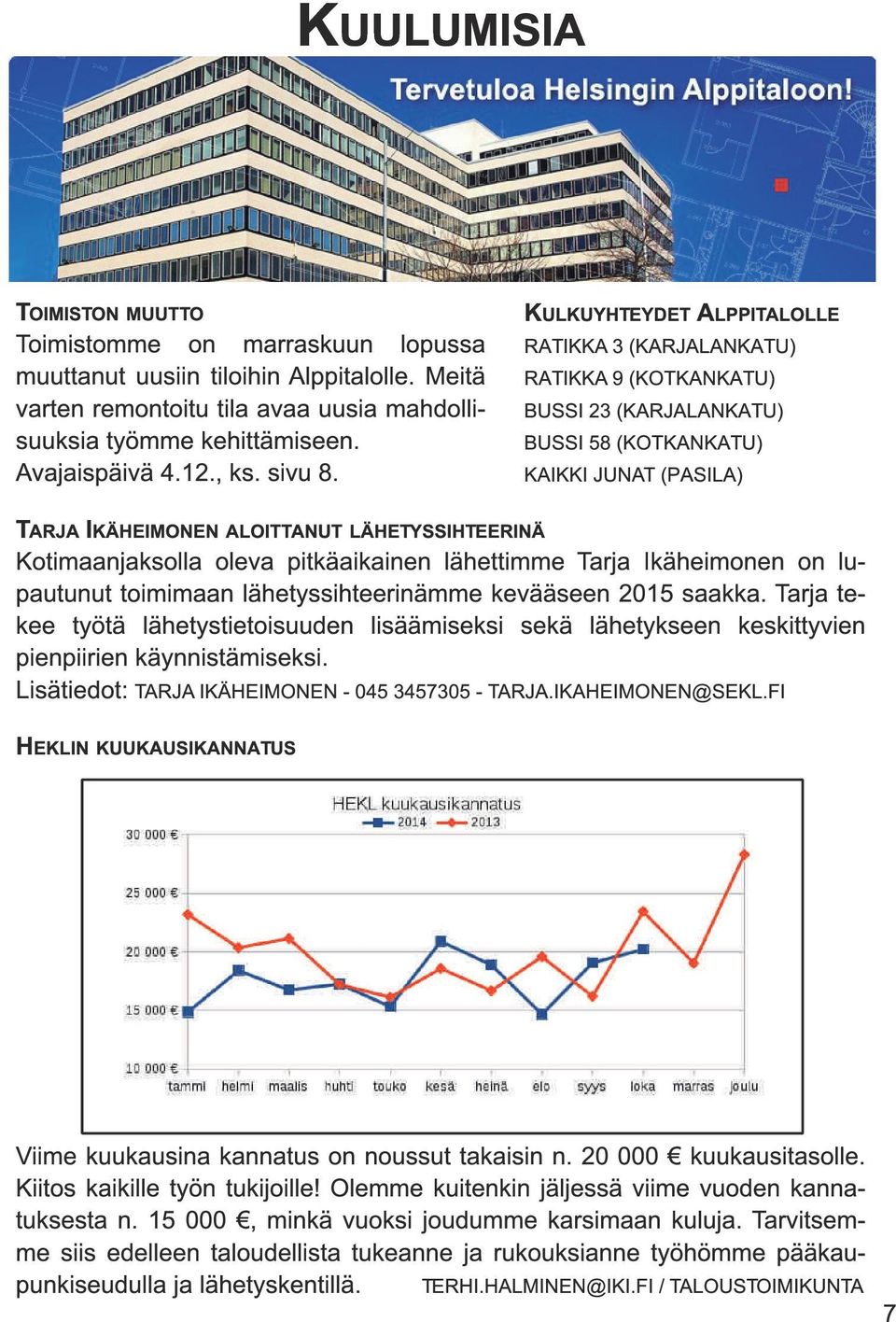 KULKUYHTEYDET ALPPITALOLLE RATIKKA 3 (KARJALANKATU) RATIKKA 9 (KOTKANKATU) BUSSI 23 (KARJALANKATU) BUSSI 58 (KOTKANKATU) KAIKKI JUNAT (PASILA) TARJA I KÄHEIMONEN ALOITTANUT LÄHETYSSIHTEERINÄ