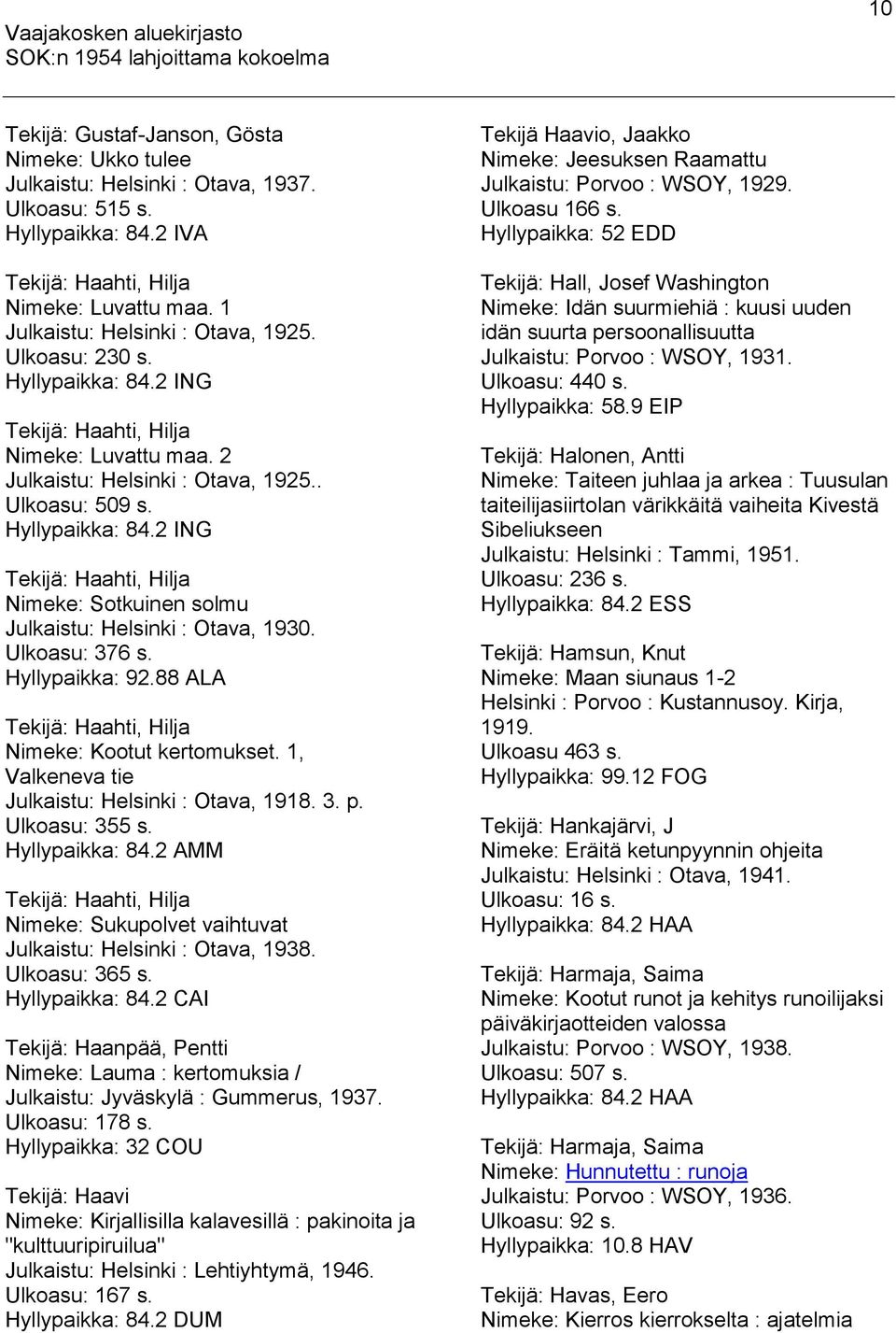Ulkoasu: 376 s. Hyllypaikka: 92.88 ALA Tekijä: Haahti, Hilja Nimeke: Kootut kertomukset. 1, Valkeneva tie Julkaistu: Helsinki : Otava, 1918. 3. p. Ulkoasu: 355 s. Hyllypaikka: 84.