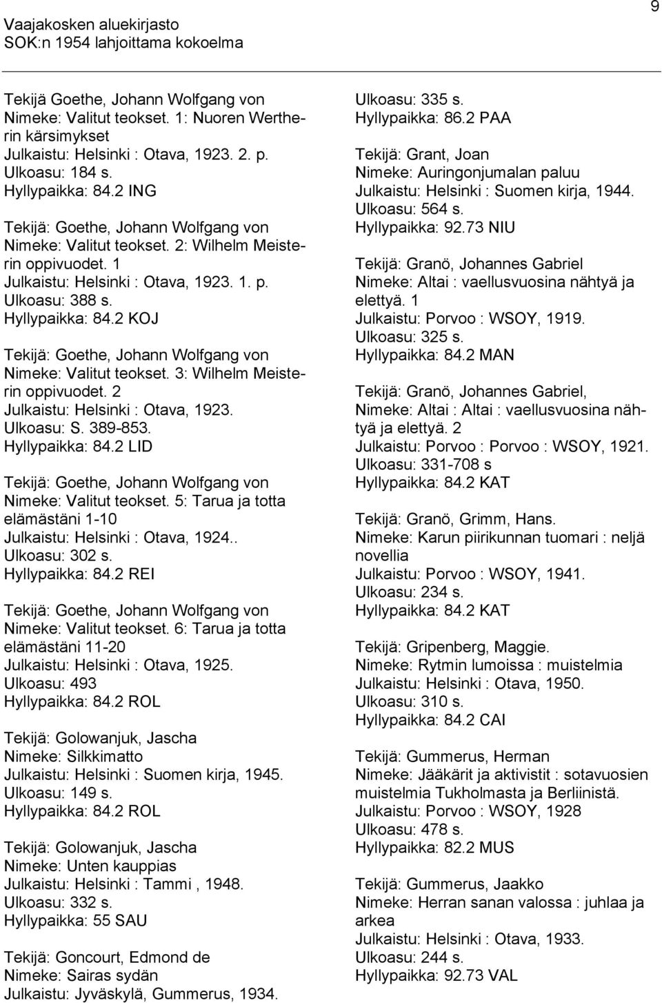 2 KOJ Tekijä: Goethe, Johann Wolfgang von Nimeke: Valitut teokset. 3: Wilhelm Meisterin oppivuodet. 2 Julkaistu: Helsinki : Otava, 1923. Ulkoasu: S. 389-853. Hyllypaikka: 84.