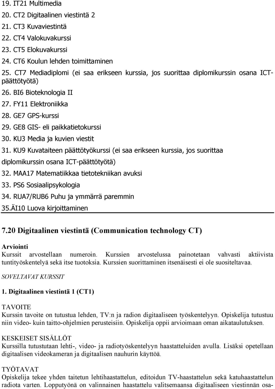 KU3 Media ja kuvien viestit 31. KU9 Kuvataiteen päättötyökurssi (ei saa erikseen kurssia, jos suorittaa diplomikurssin osana ICT-päättötyötä) 32. MAA17 Matematiikkaa tietotekniikan avuksi 33.