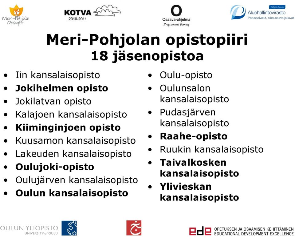 Oulujoki-opisto Oulujärven kansalaisopisto Oulun kansalaisopisto Oulu-opisto Oulunsalon kansalaisopisto
