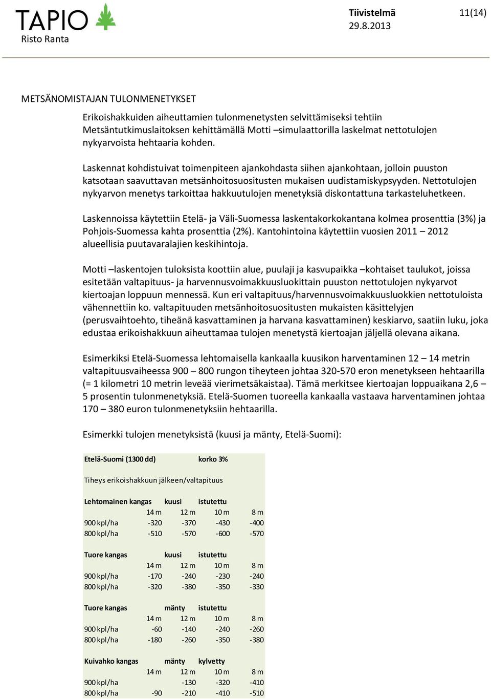 Laskennat kohdistuivat toimenpiteen ajankohdasta siihen ajankohtaan, jolloin puuston katsotaan saavuttavan metsänhoitosuositusten mukaisen uudistamiskypsyyden.