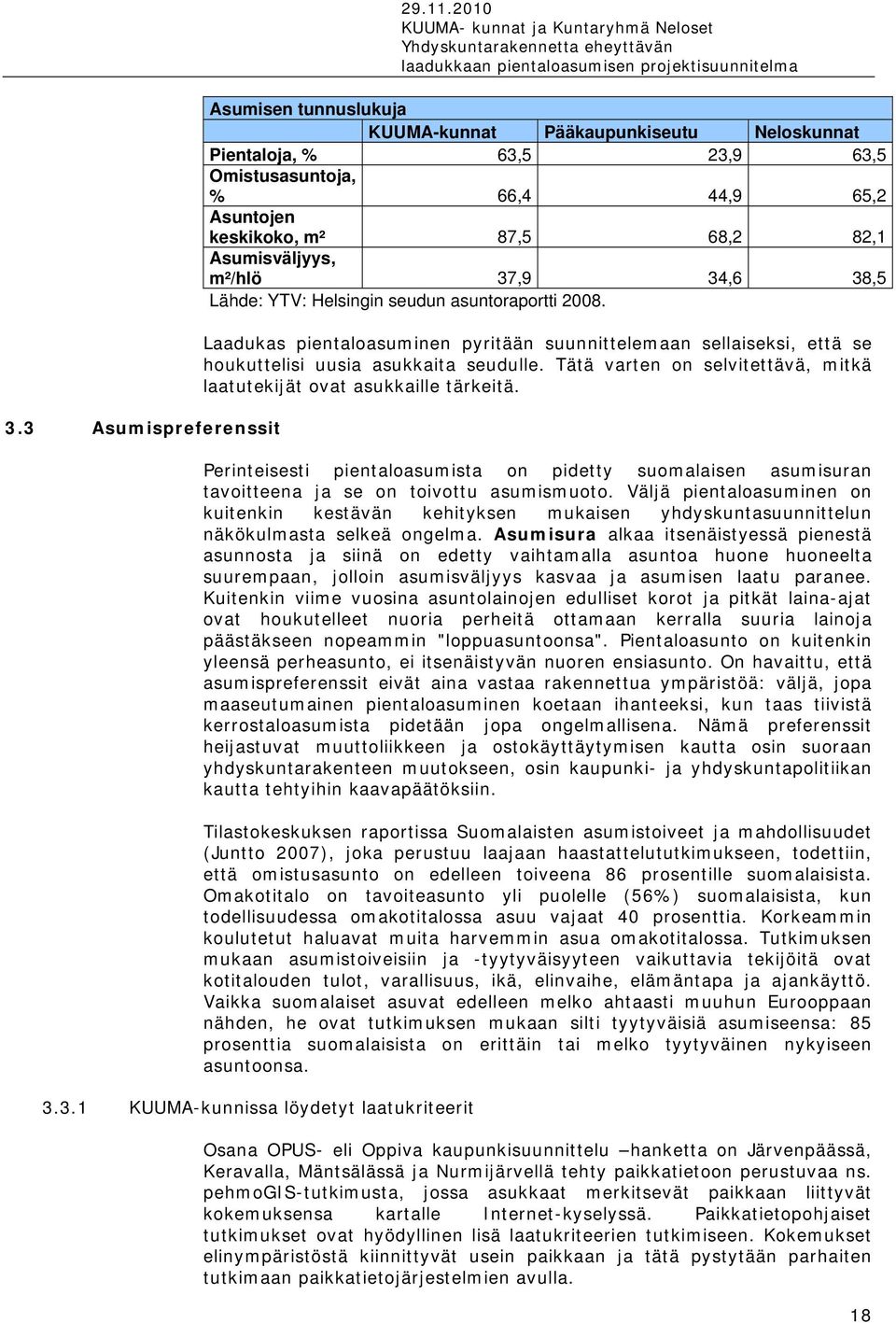 34,6 38,5 Lähde: YTV: Helsingin seudun asuntoraportti 2008. Laadukas pientaloasuminen pyritään suunnittelemaan sellaiseksi, että se houkuttelisi uusia asukkaita seudulle.