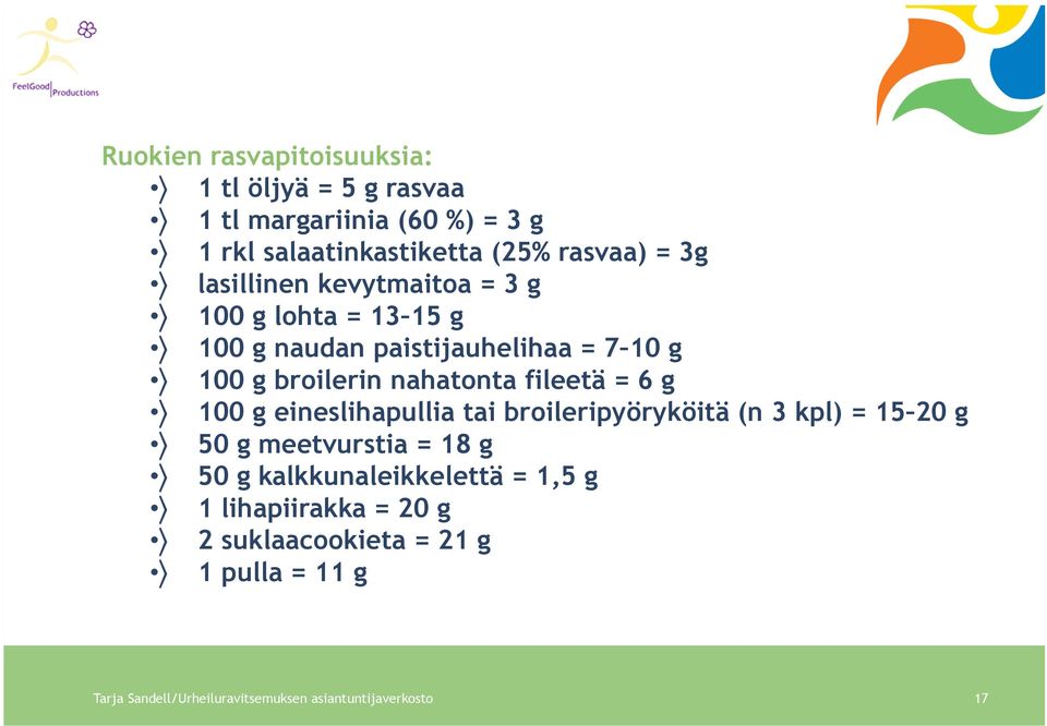 = 6 g 100 g eineslihapullia tai broileripyöryköitä (n 3 kpl) = 15 20 g 50 g meetvurstia = 18 g 50 g kalkkunaleikkelettä =