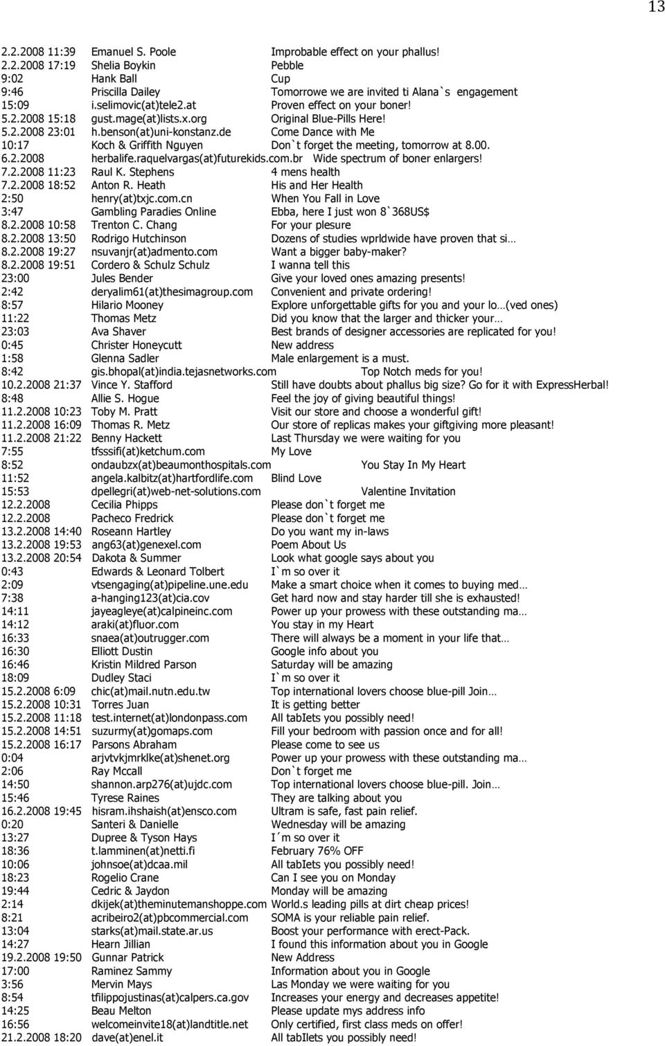 de Come Dance with Me 10:17 Koch & Griffith Nguyen Don`t forget the meeting, tomorrow at 8.00. 6.2.2008 herbalife.raquelvargas(at)futurekids.com.br Wide spectrum of boner enlargers! 7.2.2008 11:23 Raul K.