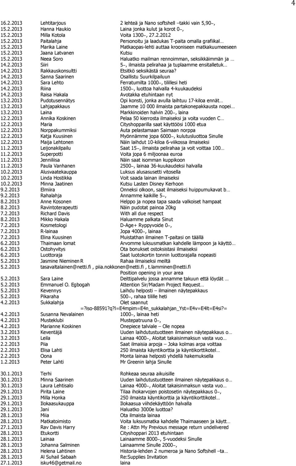 2.2013 Rakkauskonsultti Etsitkö seksikästä seuraa? 14.2.2013 Sanna Saarinen Osallistu Suurkilpailuun 14.2.2013 Sara Lehto Ferratumilta 1000, tilillesi heti 14.2.2013 Riina 1500, luottoa halvalla 4-kuukaudeksi 14.