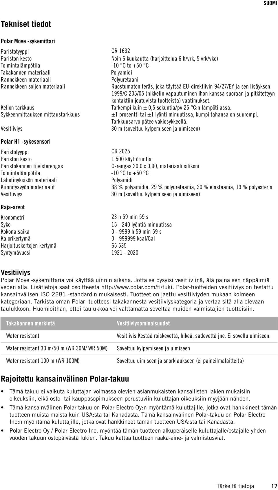 pitkitettyyn kontaktiin joutuvista tuotteista) vaatimukset. Kellon tarkkuus Tarkempi kuin ± 0,5 sekuntia/pv 25 C:n lämpötilassa.