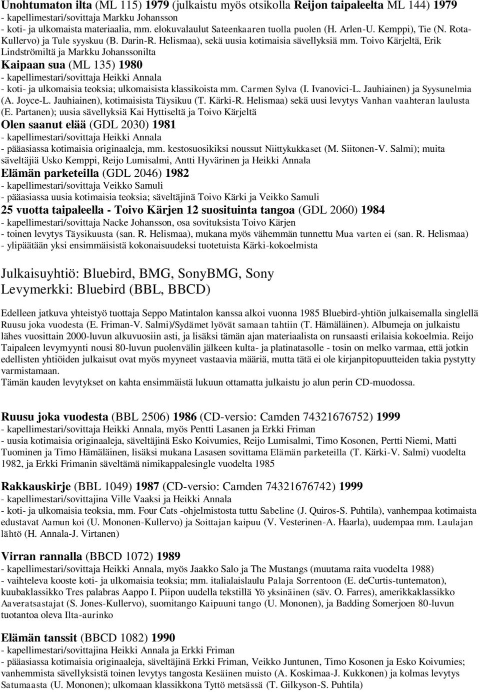 Toivo Kärjeltä, Erik Lindströmiltä ja Markku Johanssonilta Kaipaan sua (ML 135) 1980 - kapellimestari/sovittaja Heikki Annala - koti- ja ulkomaisia teoksia; ulkomaisista klassikoista mm.