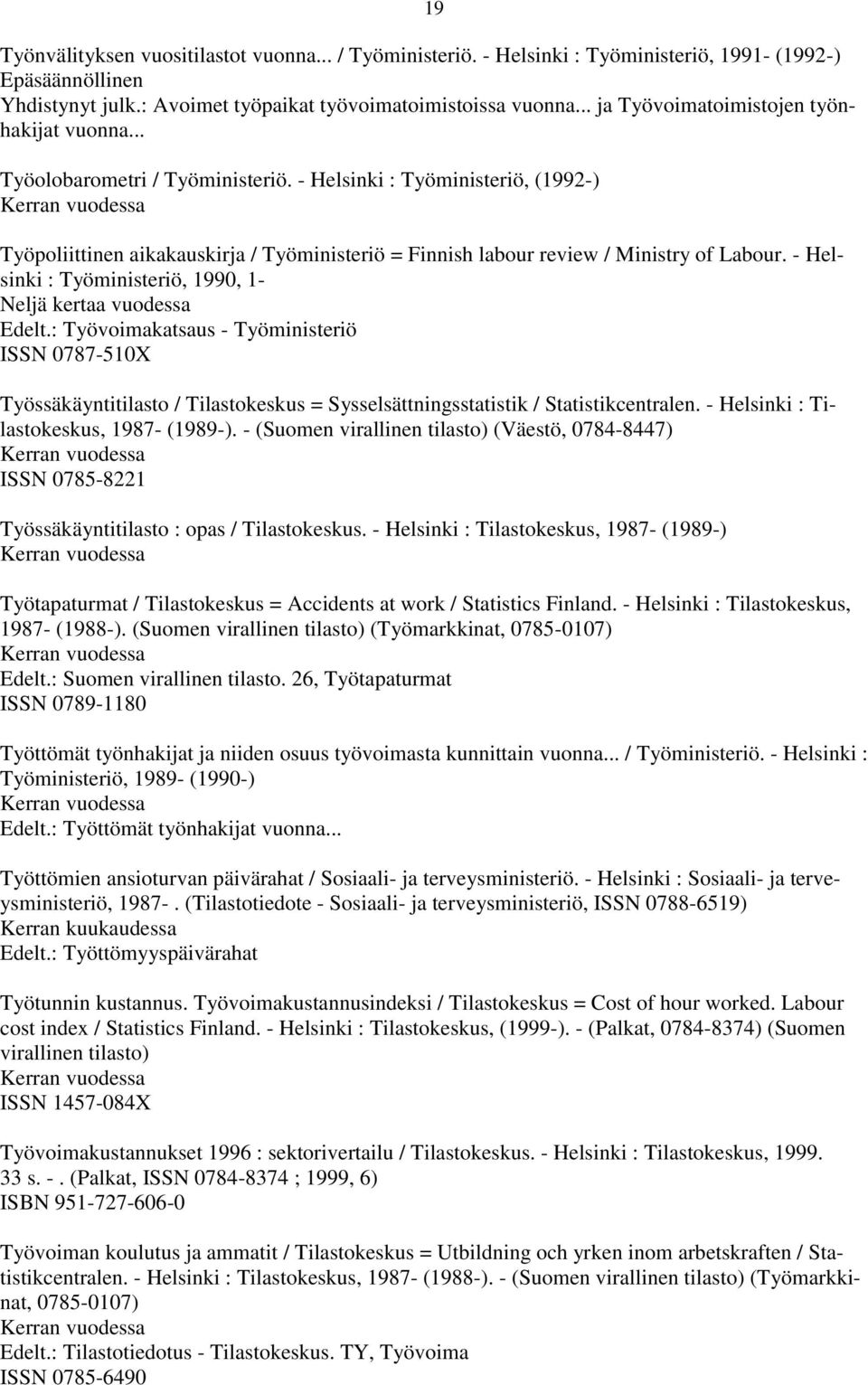 - Helsinki : Työministeriö, (1992-) Työpoliittinen aikakauskirja / Työministeriö = Finnish labour review / Ministry of Labour. - Helsinki : Työministeriö, 1990, 1- Neljä kertaa vuodessa Edelt.