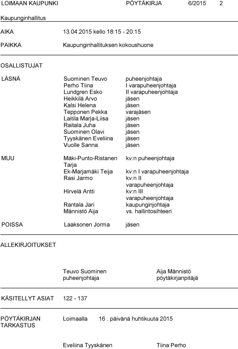 Kalsi Helena jäsen Tepponen Pekka varajäsen Laitila Marja-Liisa jäsen Raitala Juha jäsen Suominen Olavi jäsen Tyyskänen Eveliina jäsen Vuolle Sanna jäsen MUU Mäki-Punto-Ristanen Tarja Ek-Marjamäki