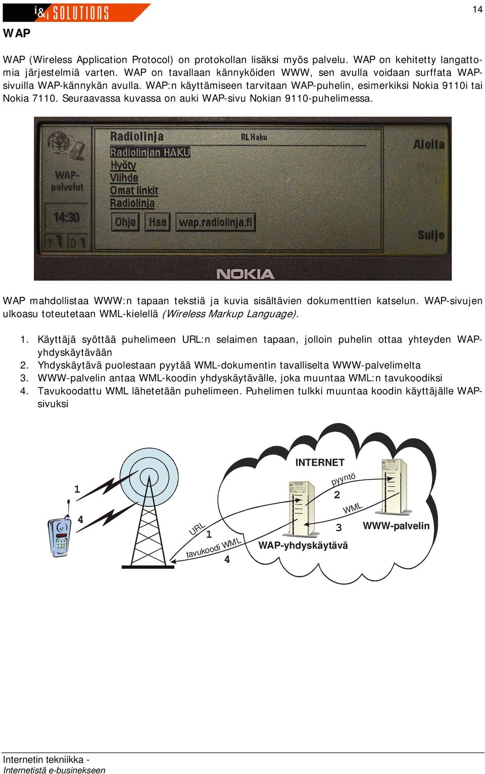 Seuraavassa kuvassa on auki WAP-sivu Nokian 9110-puhelimessa. WAP mahdollistaa WWW:n tapaan tekstiä ja kuvia sisältävien dokumenttien katselun.
