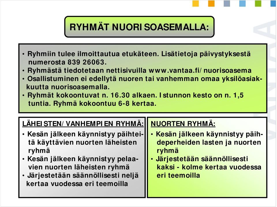 Ryhmä kokoontuu 6-8 kertaa.