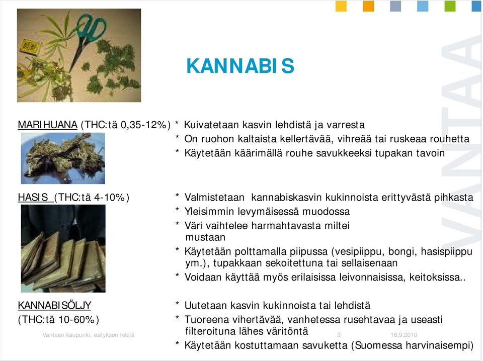 (vesipiippu, bongi, hasispiippu ym.), tupakkaan sekoitettuna tai sellaisenaan * Voidaan käyttää myös erilaisissa leivonnaisissa, keitoksissa.