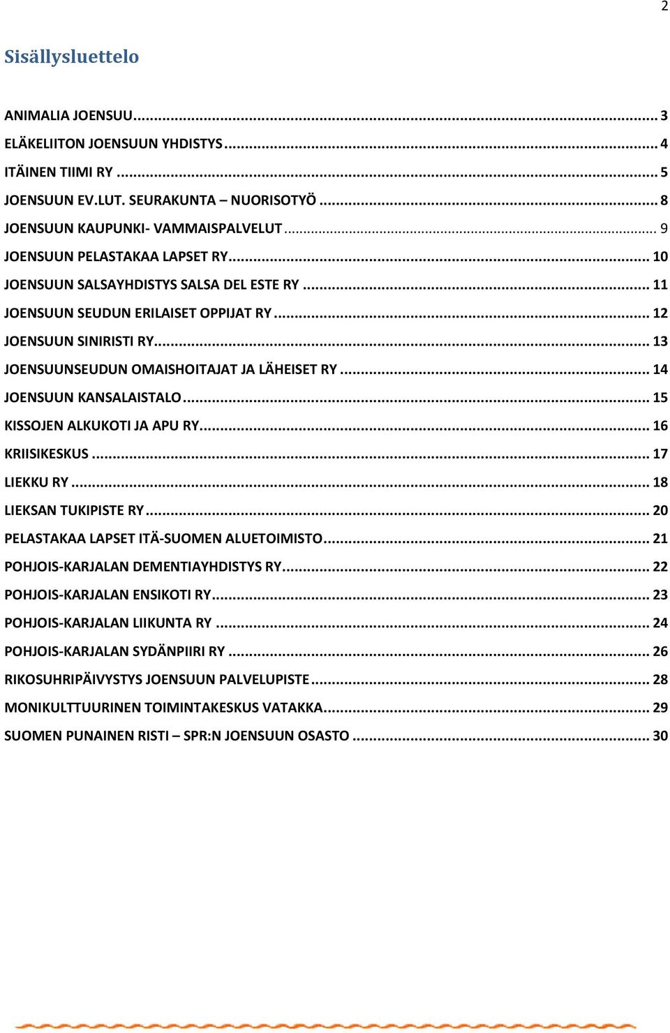 .. 13 JOENSUUNSEUDUN OMAISHOITAJAT JA LÄHEISET RY... 14 JOENSUUN KANSALAISTALO... 15 KISSOJEN ALKUKOTI JA APU RY... 16 KRIISIKESKUS... 17 LIEKKU RY... 18 LIEKSAN TUKIPISTE RY.