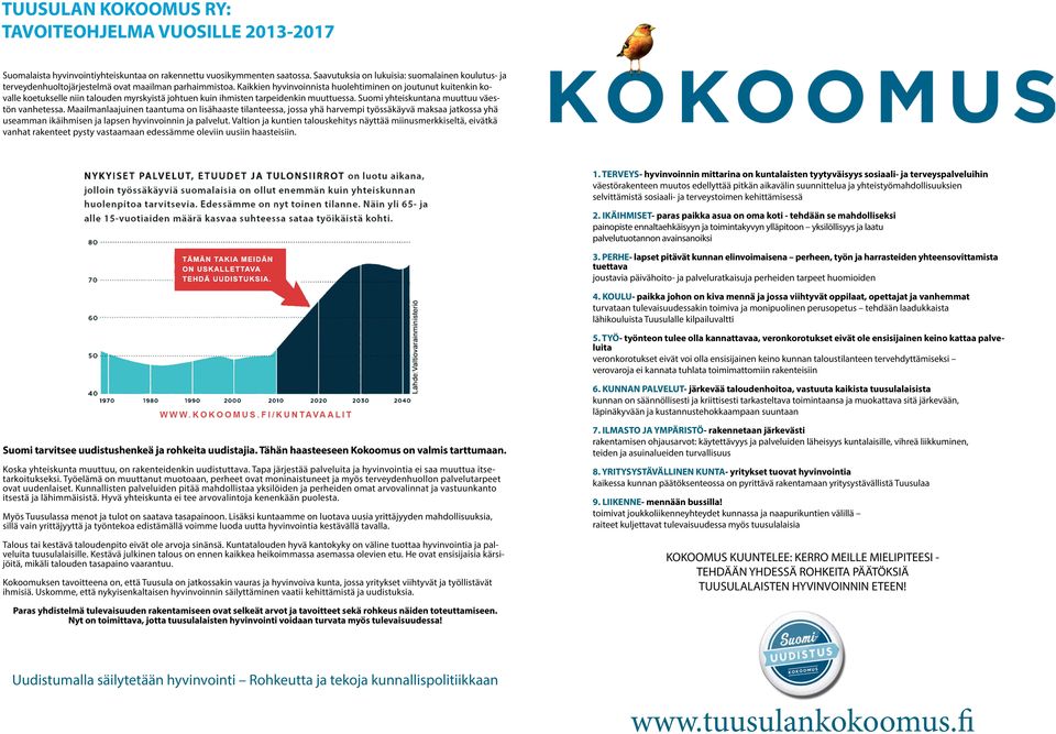 Kaikkien hyvinvoinnista huolehtiminen on joutunut kuitenkin kovalle koetukselle niin talouden myrskyistä johtuen kuin ihmisten tarpeidenkin muuttuessa. Suomi yhteiskuntana muuttuu väestön vanhetessa.