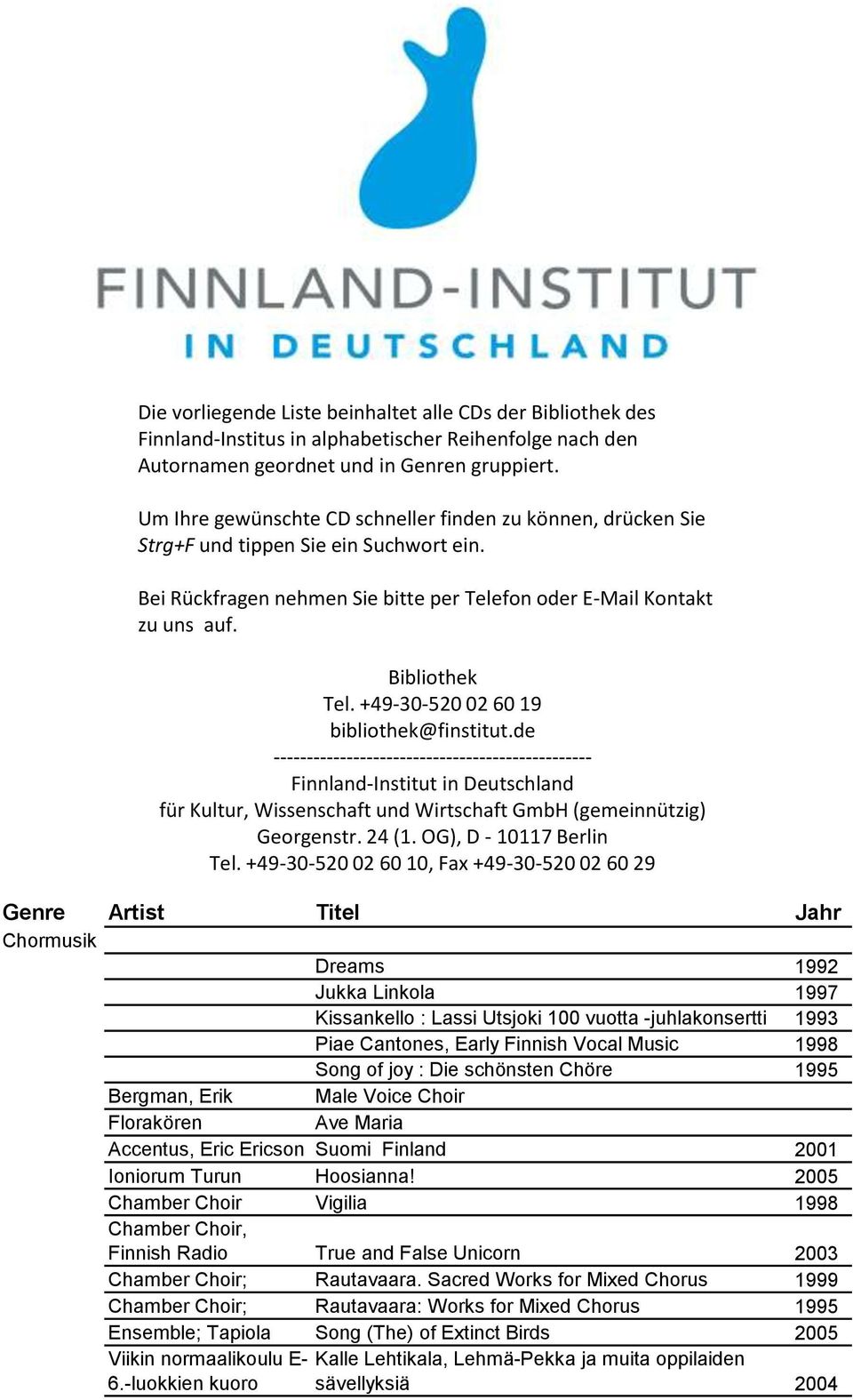 +49-30-520 02 60 19 bibliothek@finstitut.de ------------------------------------------------ Finnland-Institut in Deutschland für Kultur, Wissenschaft und Wirtschaft GmbH (gemeinnützig) Georgenstr.