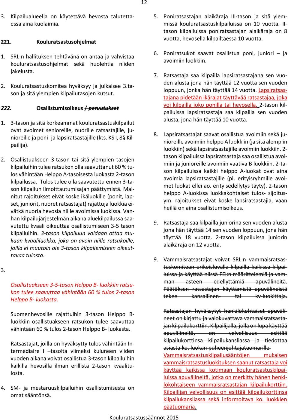 tason ja sitä ylempien kilpailutasojen kutsut. 222. Osallistumisoikeus / peruutukset 1.