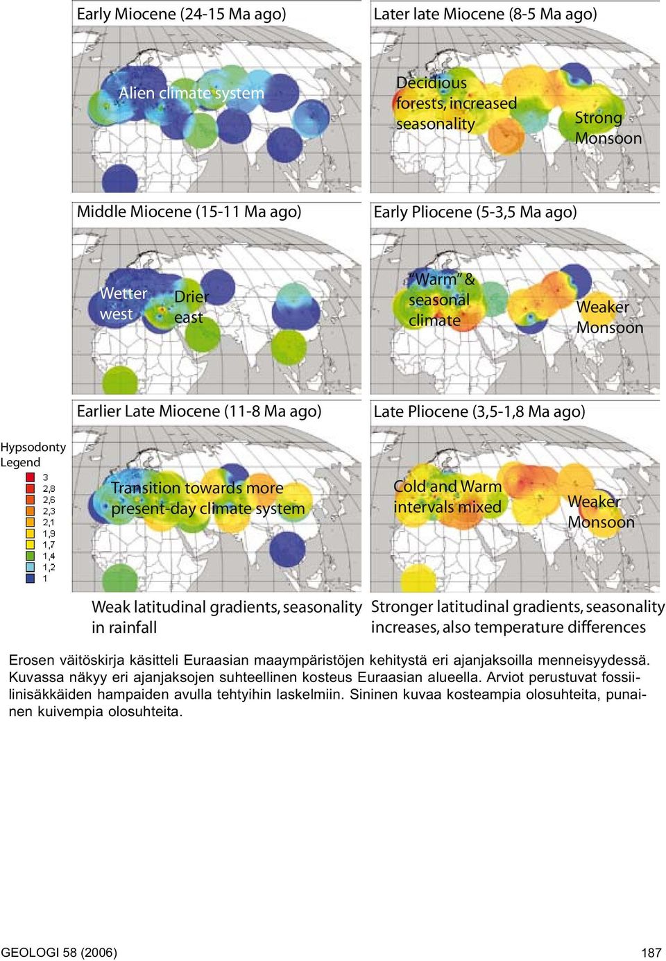 Cold and Warm intervals mixed Weaker Monsoon Weak latitudinal gradients, seasonality in rainfall Stronger latitudinal gradients, seasonality increases, also temperature differences Erosen väitöskirja