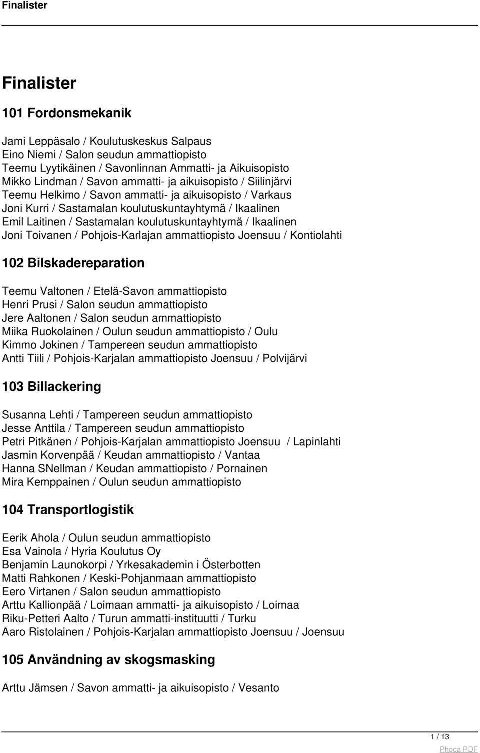 Ikaalinen Joni Toivanen / Pohjois-Karlajan ammattiopisto Joensuu / Kontiolahti 102 Bilskadereparation Teemu Valtonen / Etelä-Savon ammattiopisto Henri Prusi / Salon seudun ammattiopisto Jere Aaltonen