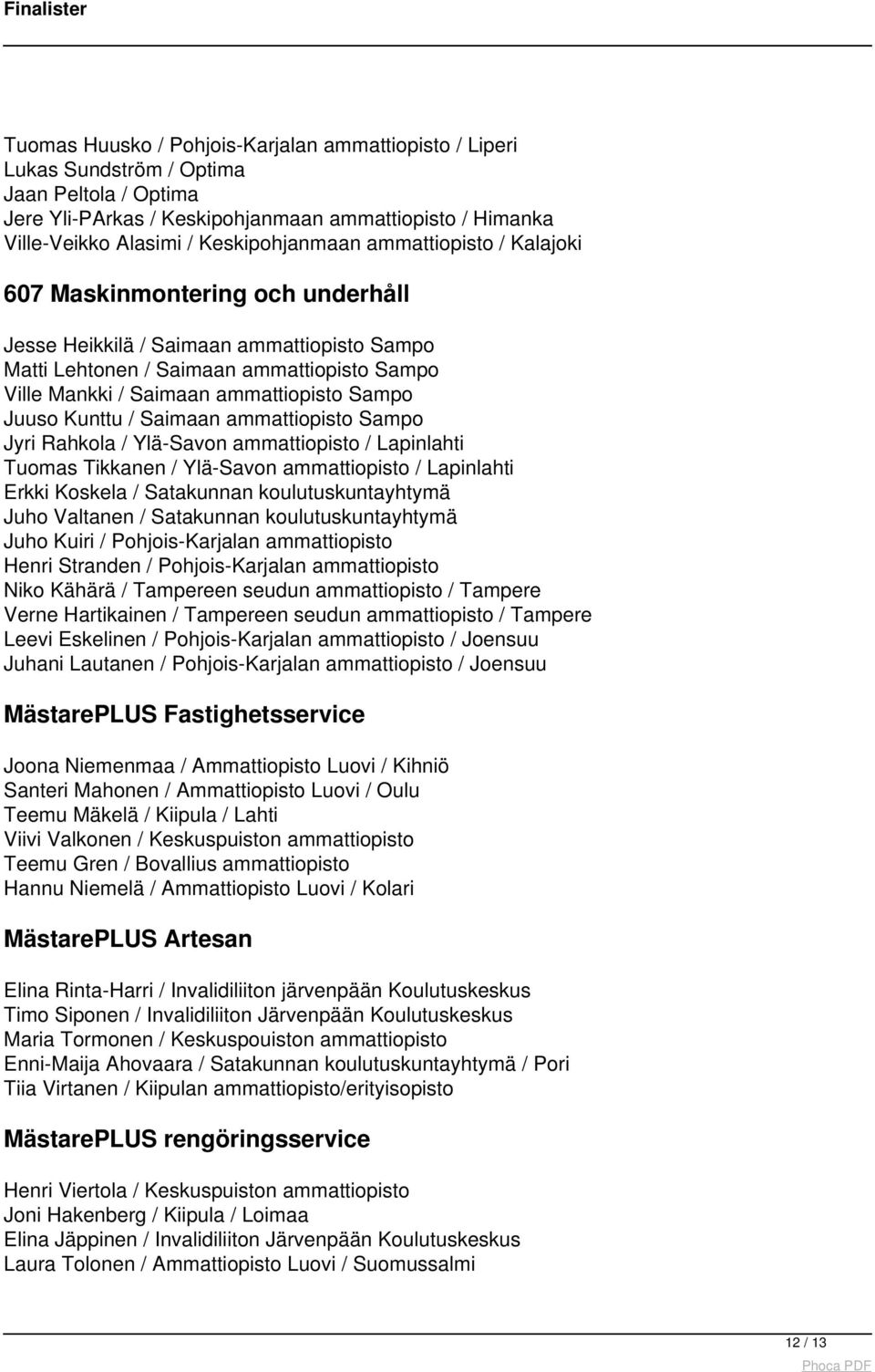 Kunttu / Saimaan ammattiopisto Sampo Jyri Rahkola / Ylä-Savon ammattiopisto / Lapinlahti Tuomas Tikkanen / Ylä-Savon ammattiopisto / Lapinlahti Erkki Koskela / Satakunnan koulutuskuntayhtymä Juho