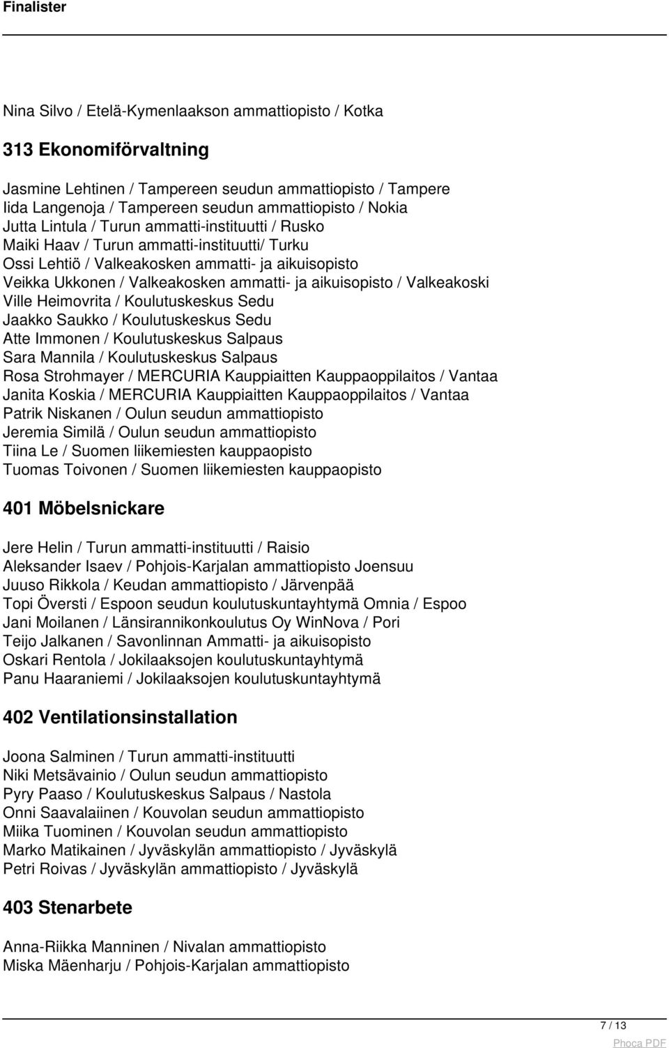 Valkeakoski Ville Heimovrita / Koulutuskeskus Sedu Jaakko Saukko / Koulutuskeskus Sedu Atte Immonen / Koulutuskeskus Salpaus Sara Mannila / Koulutuskeskus Salpaus Rosa Strohmayer / MERCURIA