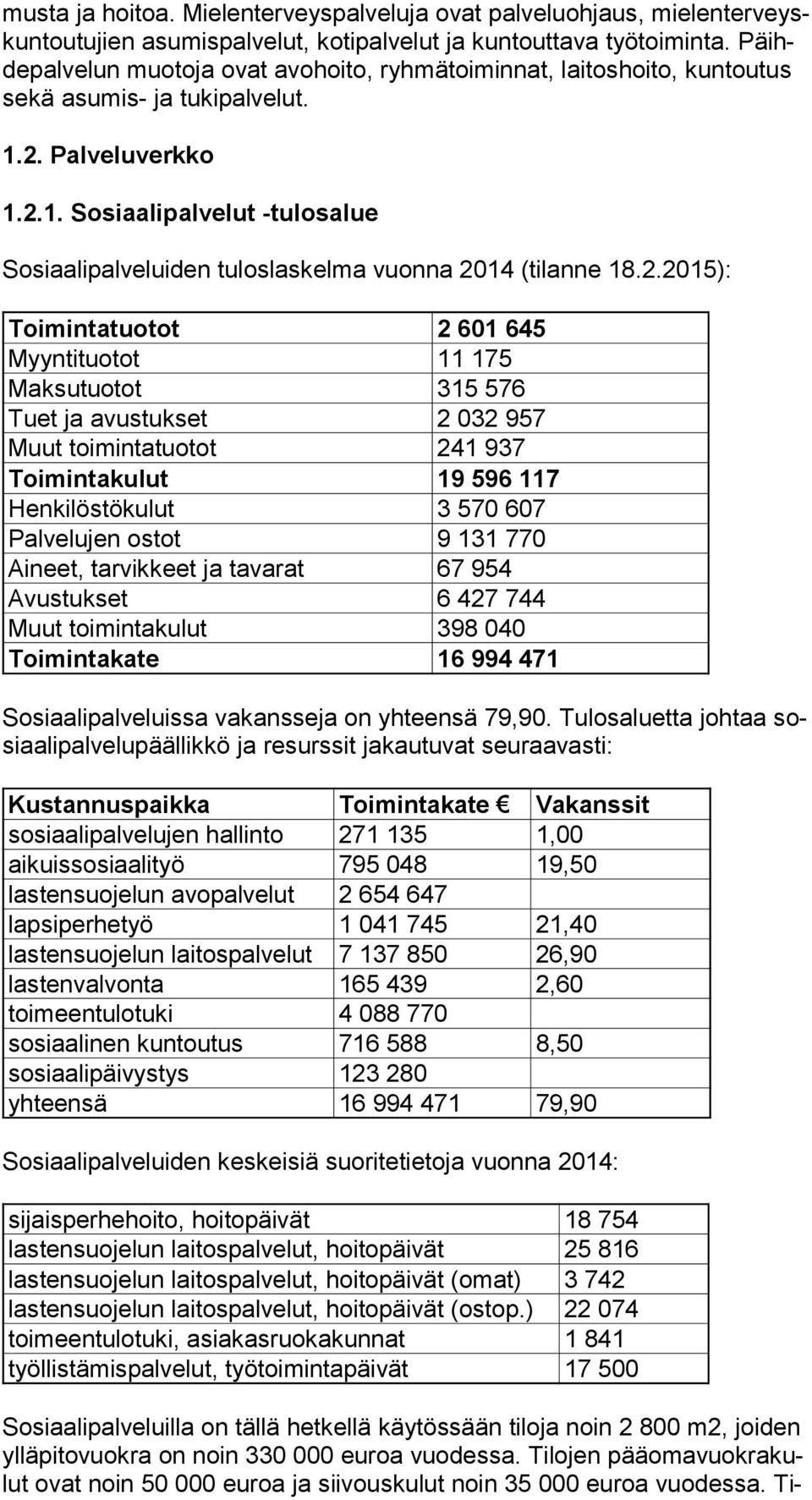 2. Palveluverkko 1.2.1. Sosiaalipalvelut -tulosalue Sosiaalipalveluiden tuloslaskelma vuonna 2014 (tilanne 18.2.2015): Toimintatuotot 2 601 645 Myyntituotot 11 175 Maksutuotot 315 576 Tuet ja