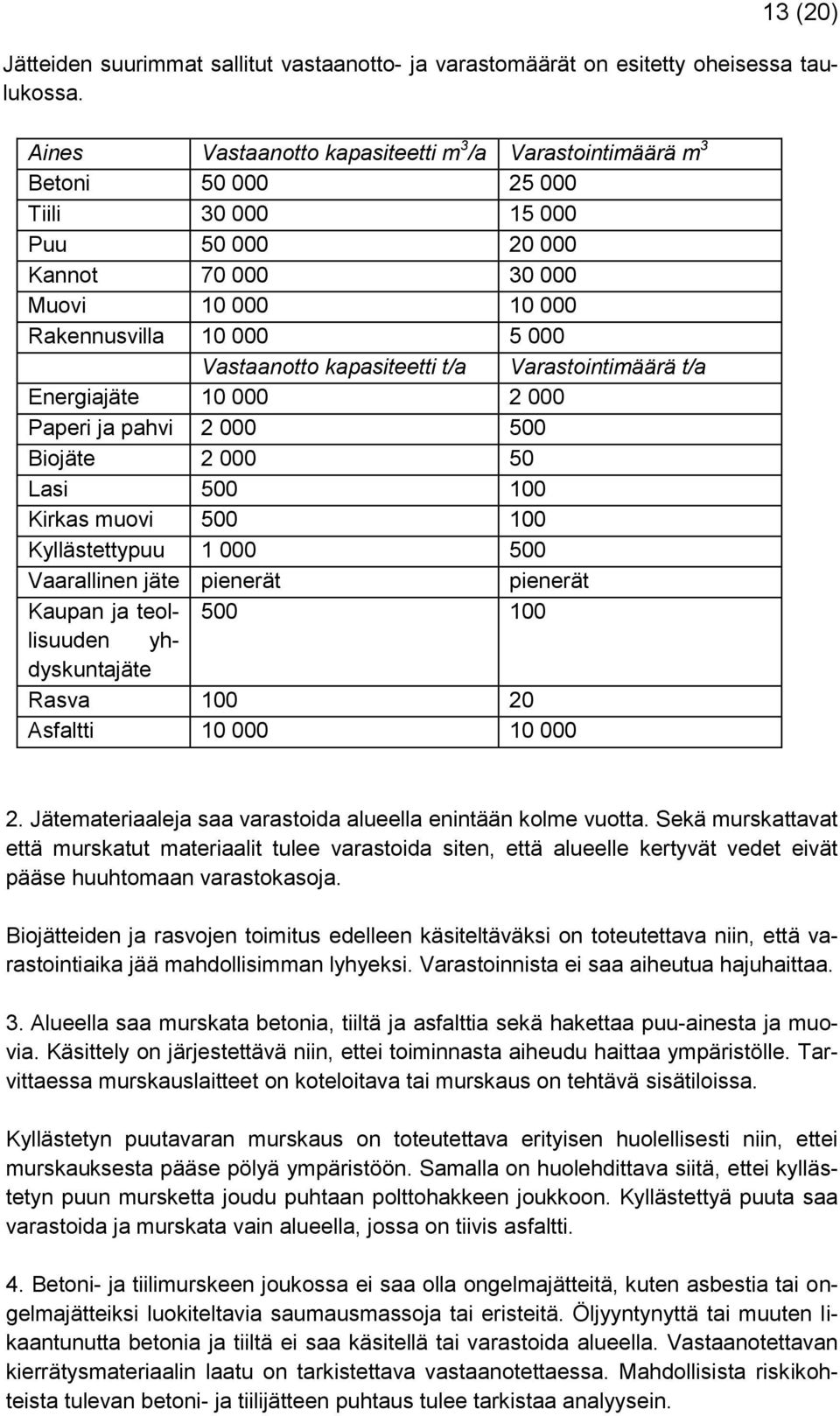 kapasiteetti t/a Varastointimäärä t/a Energiajäte 10 000 2 000 Paperi ja pahvi 2 000 500 Biojäte 2 000 50 Lasi 500 100 Kirkas muovi 500 100 Kyllästettypuu 1 000 500 Vaarallinen jäte pienerät pienerät