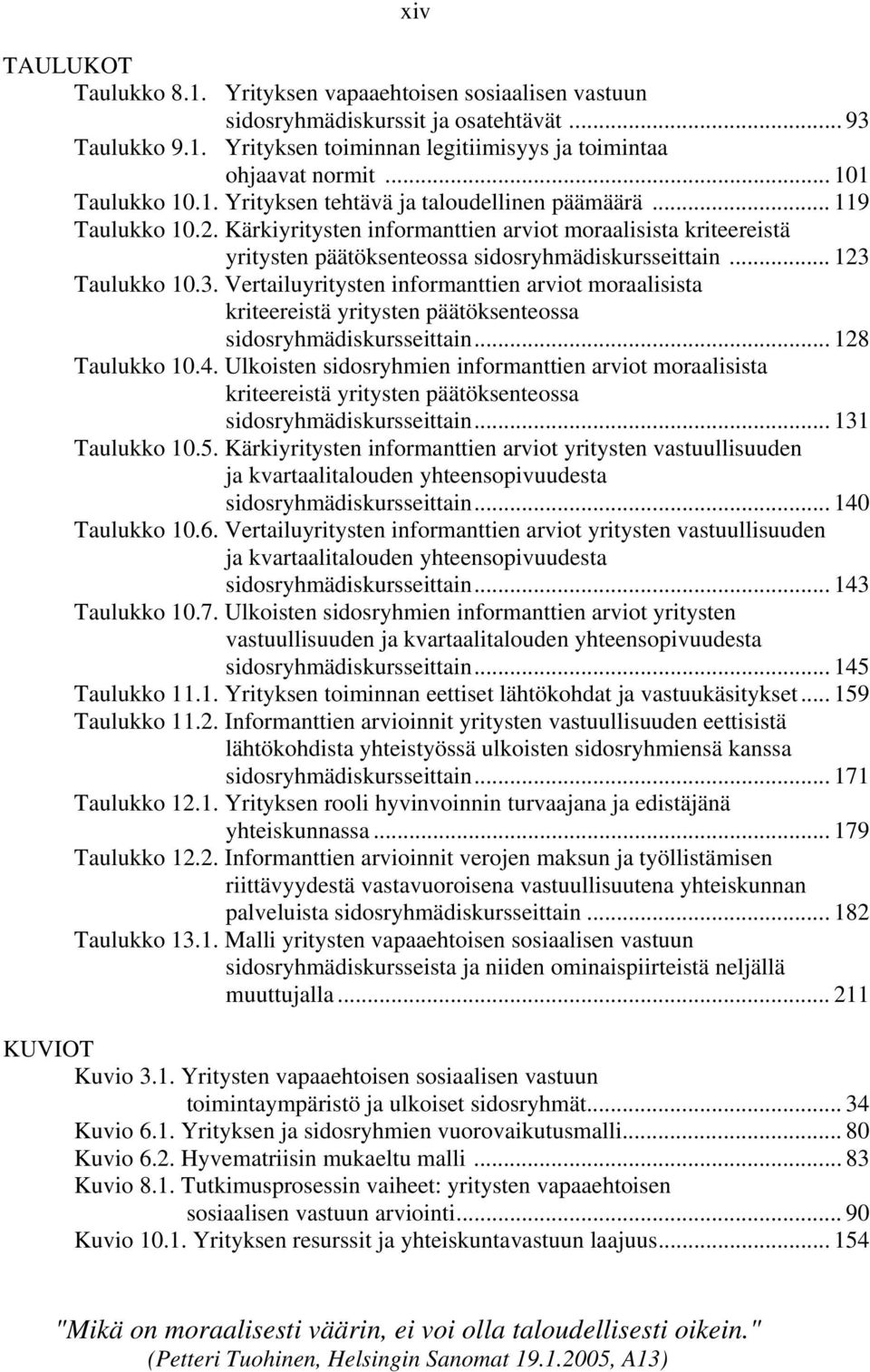 Kärkiyritysten informanttien arviot moraalisista kriteereistä yritysten päätöksenteossa sidosryhmädiskursseittain... 123 