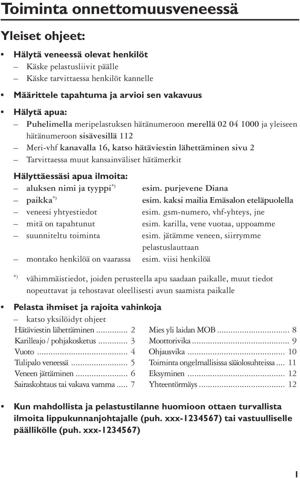 hätämerkit Hälyttäessäsi apua ilmoita: aluksen nimi ja tyyppi *) esim. purjevene Diana paikka *) esim. kaksi mailia Emäsalon eteläpuolella veneesi yhtyestiedot esim.