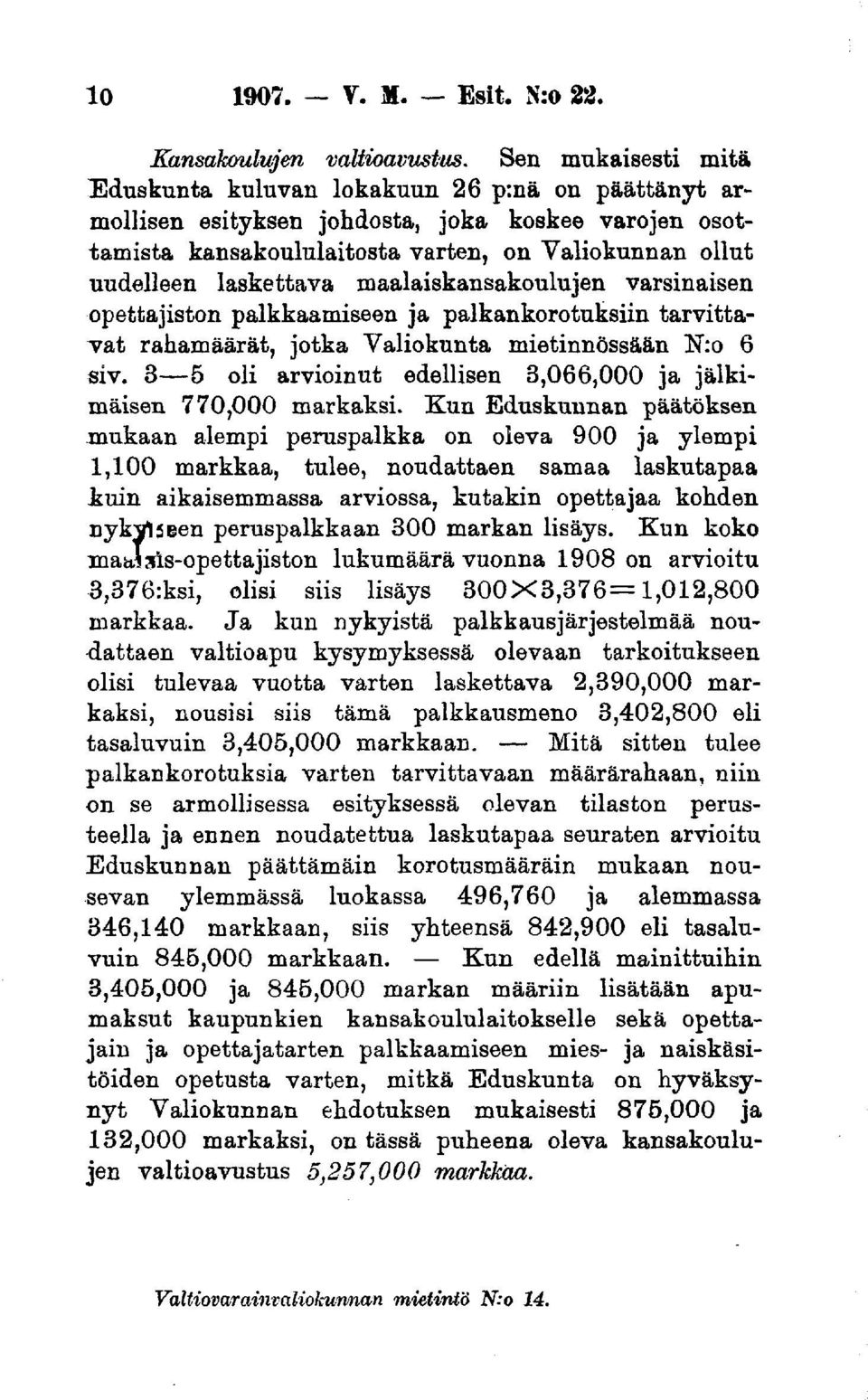 maalaiskansakoulujen varsinaisen opettajiston palkkaamiseen ja palkankorotuksiin tarvittavat rahamäärät, jotka Valiokunta mietinnössään N:o 6 siv.