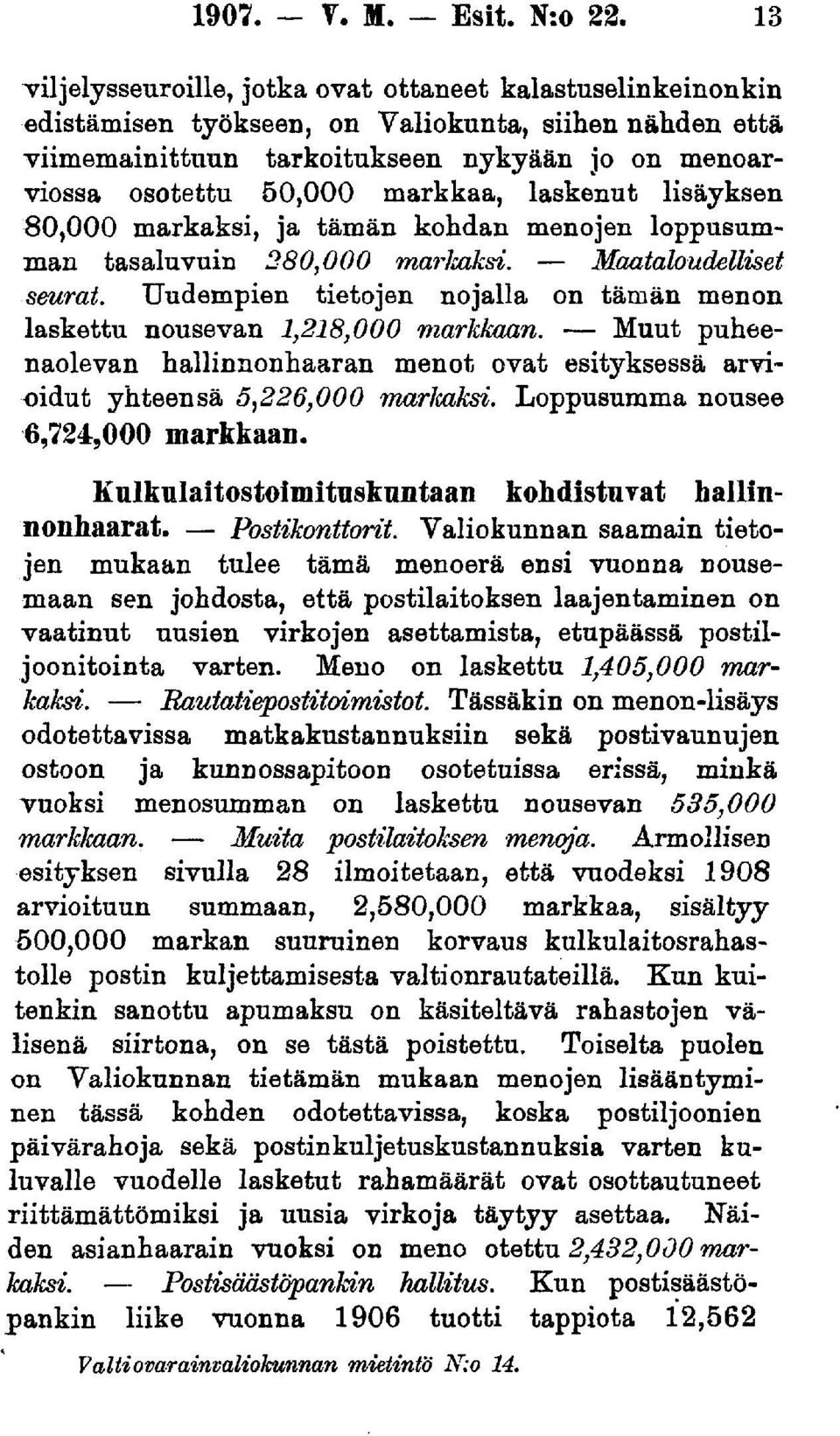 markkaa, laskenut lisäyksen 80,000 markaksi, ja tämän kohdan menojen loppusumman tasaluvuin 280,000 markaksi. Maataloudelliset seurat.