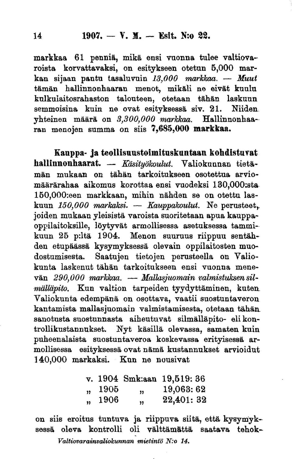 Hallinnonhaaran menojen summa on siis 7,685,000 markkaa. Kauppa- ja teollisimstoiuiituskimtaan kohdistuvat hallinnonhaarat. Käsityökoulut.
