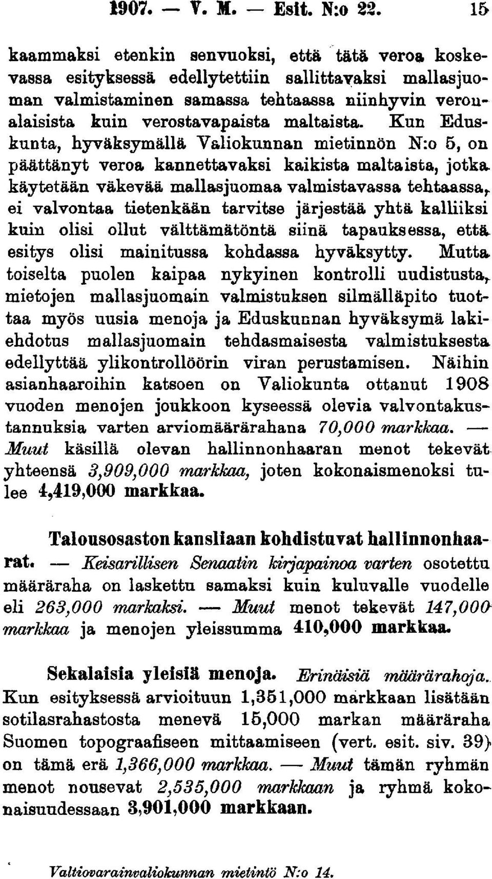 Kun Eduskunta, hyväksymällä Valiokunnan mietinnön N:o 6, on päättänyt veroa kannettavaksi kaikista maltaista, jotka, käytetään väkevää mallasjuomaa valmistavassa tehtaassa,, ei valvontaa tietenkään