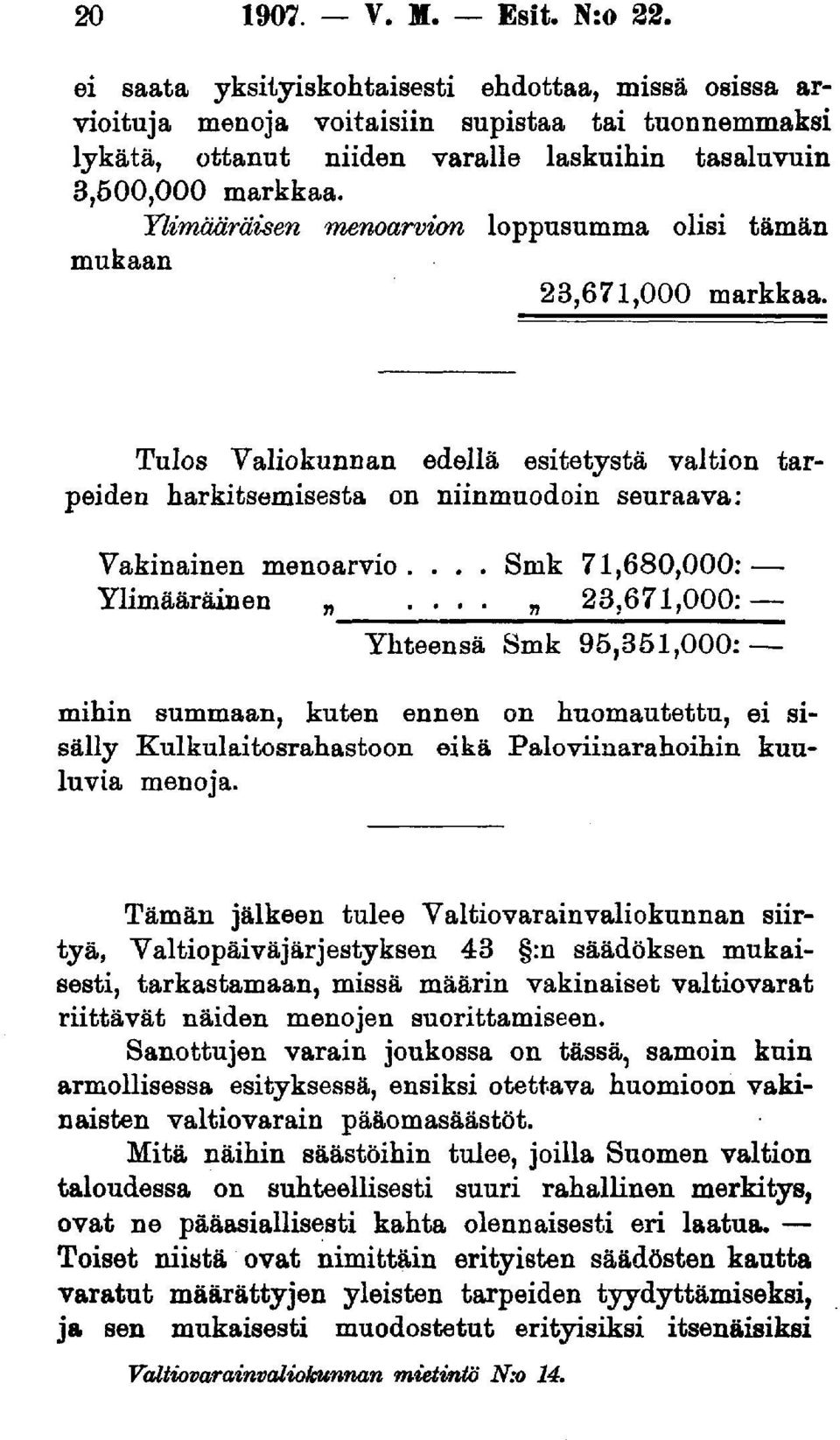 Ylimääräisen menoarvion loppusumma olisi tämän mukaan 23,671,000 markkaa. Tulos Valiokunnan edellä esitetystä valtion tarpeiden harkitsemisesta on niinmuodoin seuraava: Vakinainen menoarvio.