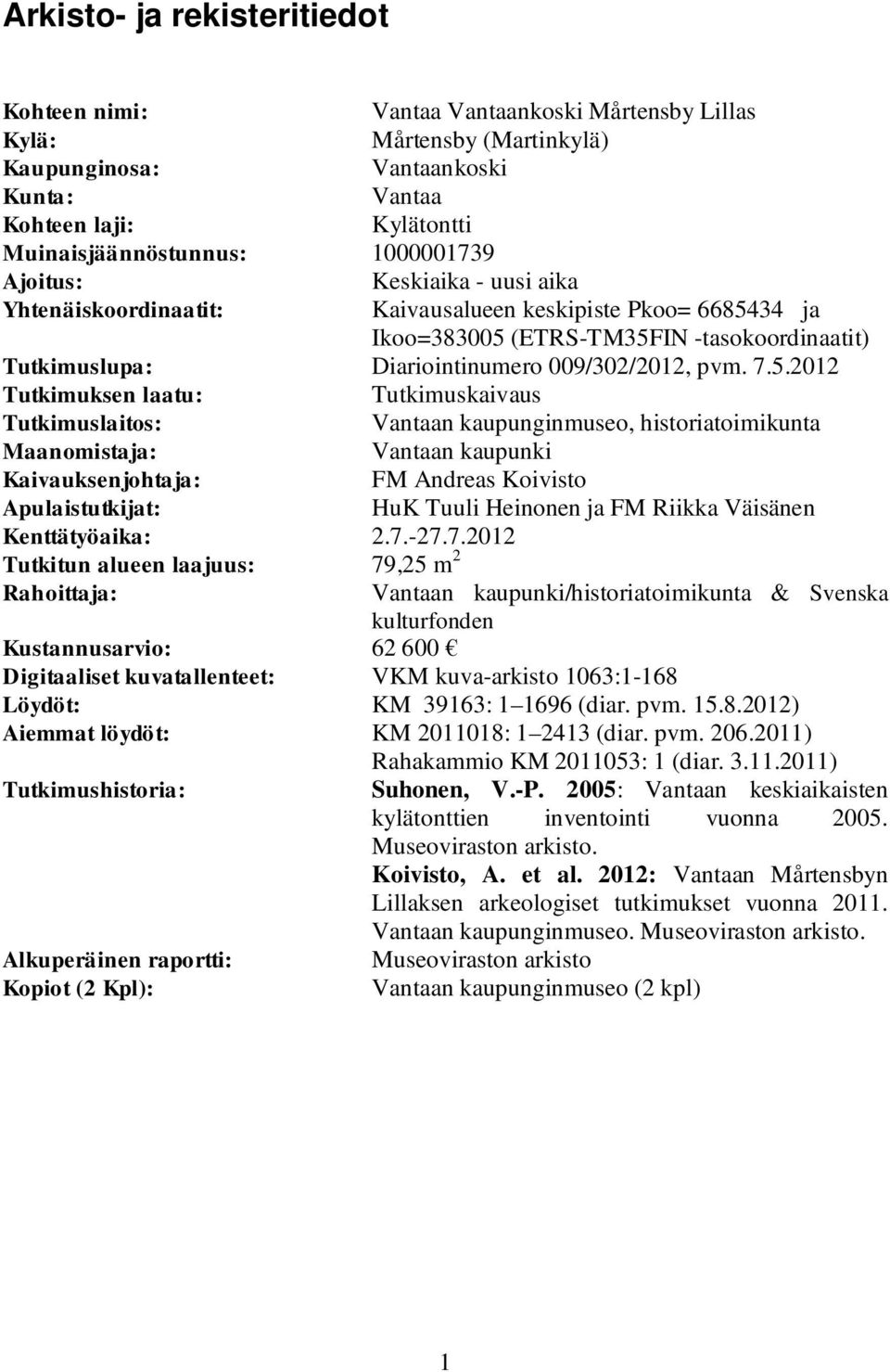 7.5.2012 Tutkimuksen laatu: Tutkimuskaivaus Tutkimuslaitos: Vantaan kaupunginmuseo, historiatoimikunta Maanomistaja: Vantaan kaupunki Kaivauksenjohtaja: FM Andreas Koivisto Apulaistutkijat: HuK Tuuli