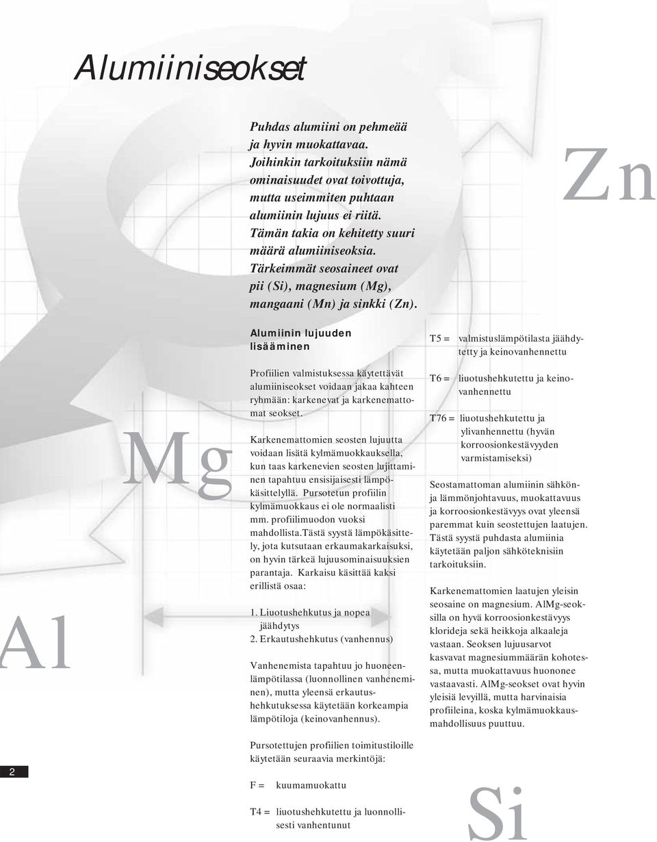 Zn Alumiinin lujuuden lisääminen T5 = valmistuslämpötilasta jäähdytetty ja keinovanhennettu l Mg Profiilien valmistuksessa käytettävät alumiiniseokset voidaan jakaa kahteen ryhmään: karkenevat ja