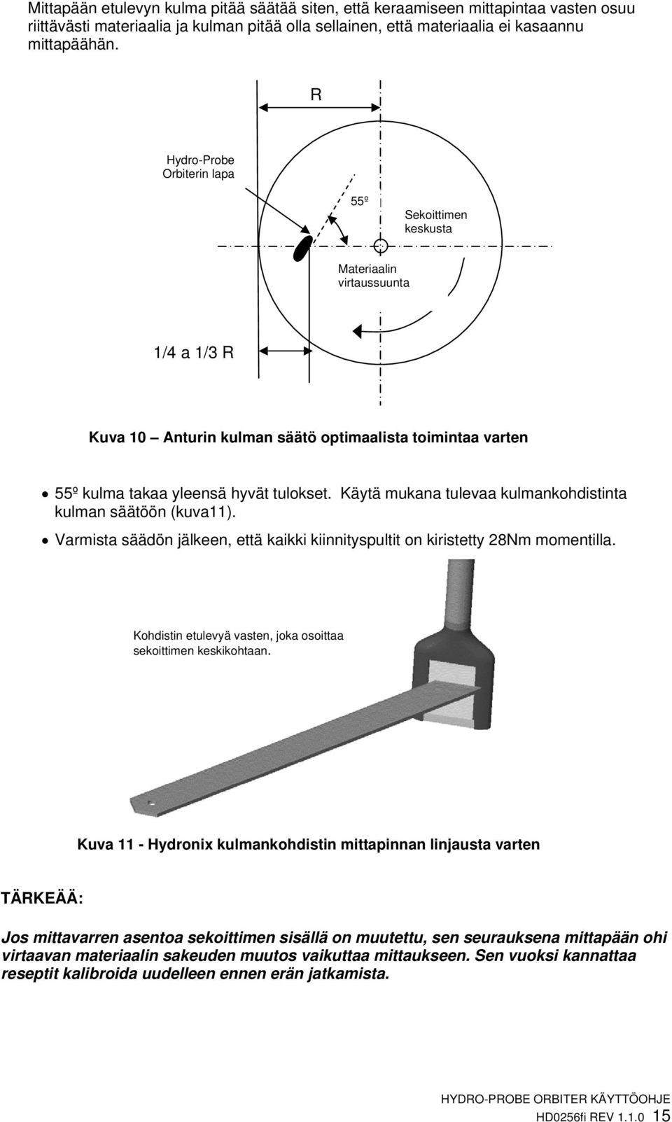 Käytä mukana tulevaa kulmankohdistinta kulman säätöön (kuva11). Varmista säädön jälkeen, että kaikki kiinnityspultit on kiristetty 28Nm momentilla.